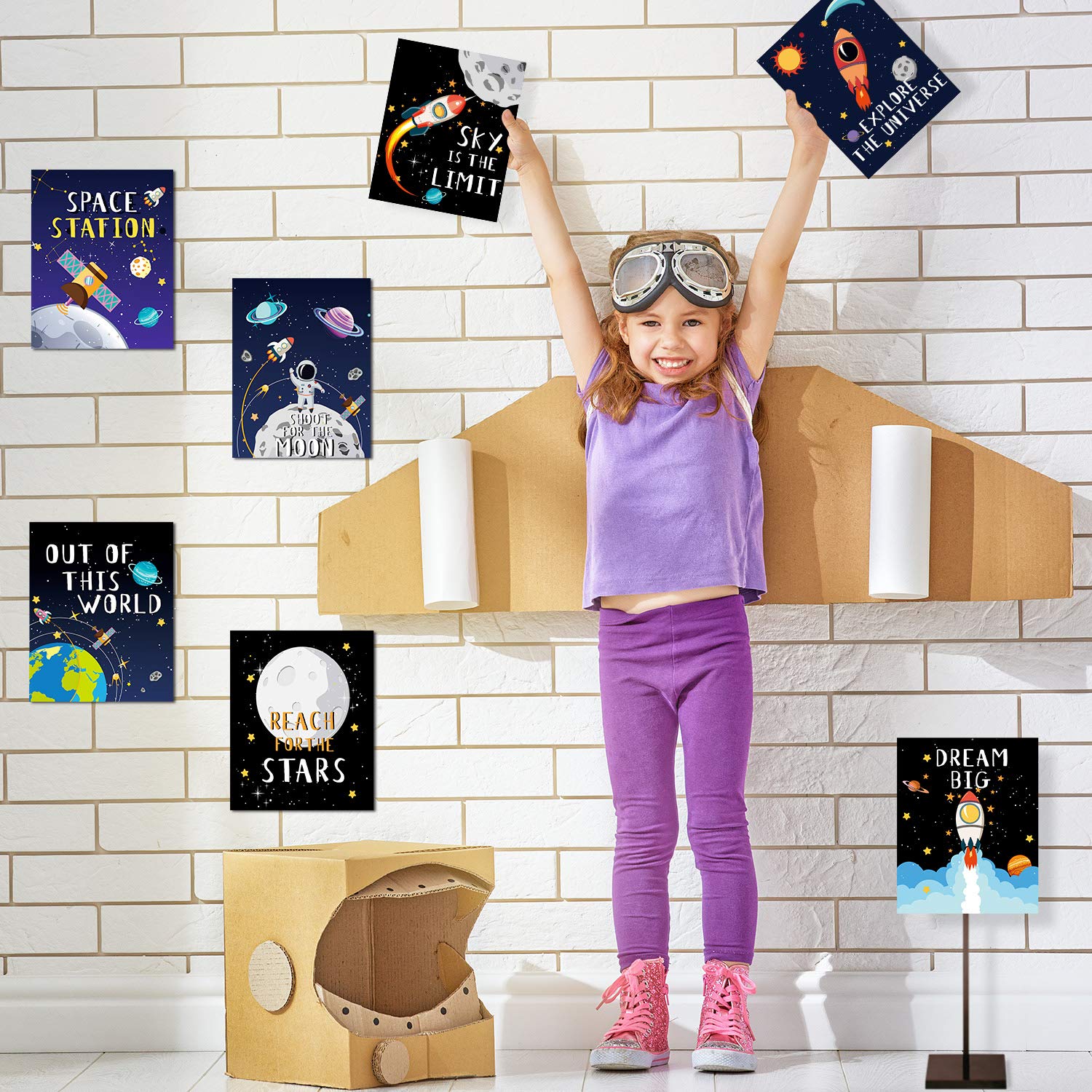 Blulu 9 Pieces Outer Space Decor for Kids Room Boy Bedroom Space Posters 8 x 10 Inch Cute Inspirational Art Decoration for Boys and Girls Playroom Space Nursery Decor