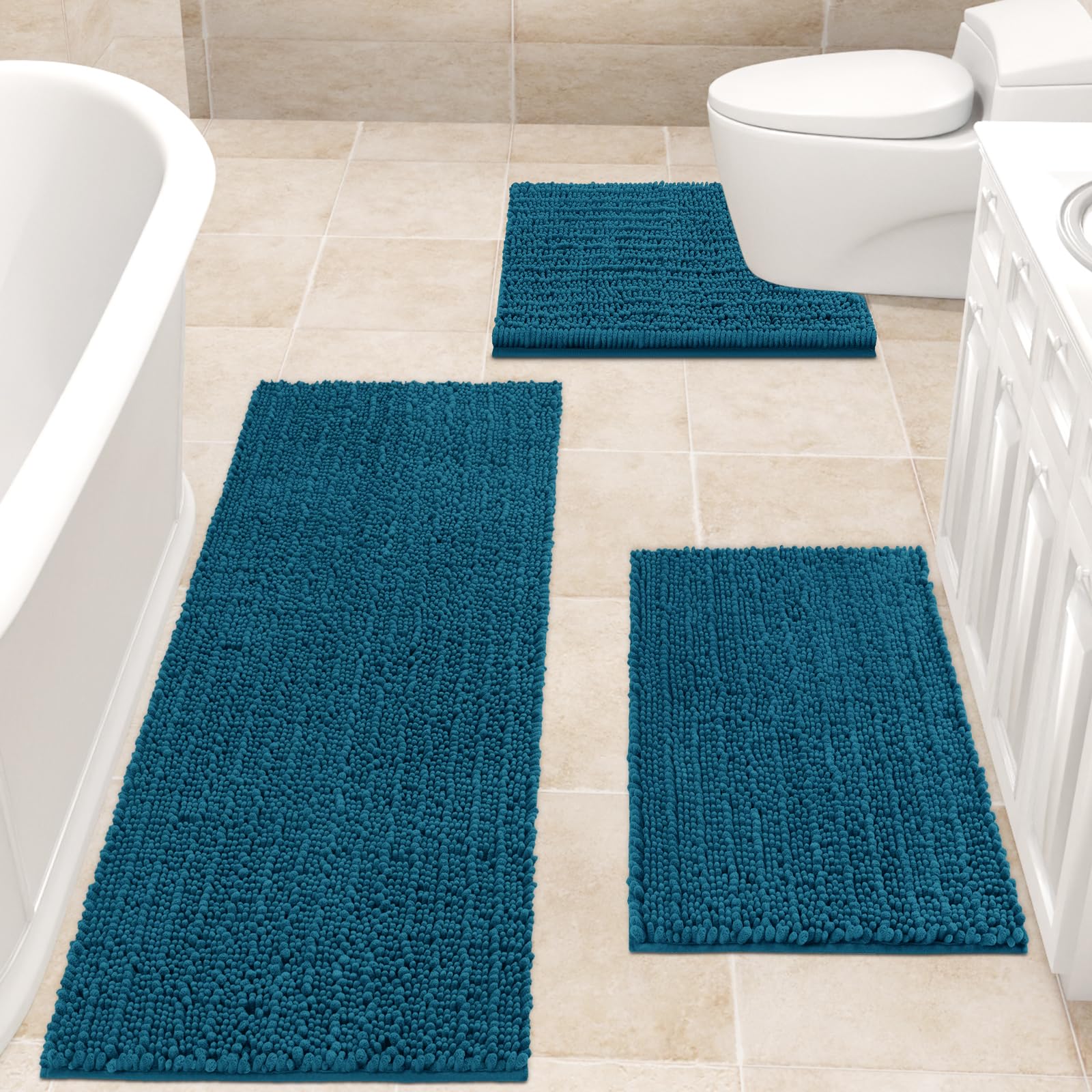 Accumtek Upgrade Extra Large Teal Blue Bathroom Rug Set 3 Pieces Ultra Soft, Thick Absorbent Bath Mats, Non Slip Chenille Toilet