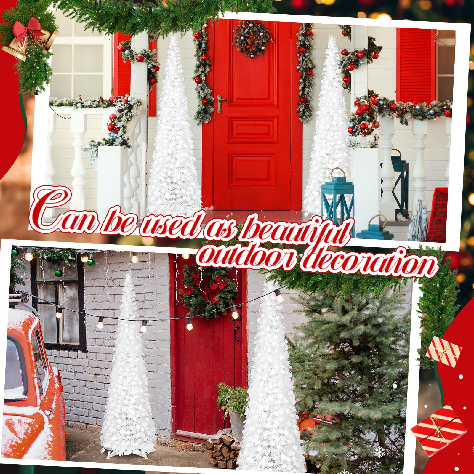 Leyndo 2 Pcs 5 ft Collapsible Artificial Christmas Tree Pop up White Sequined Tinsel Pencil Skinny Xmas Tree for Home Fireplace
