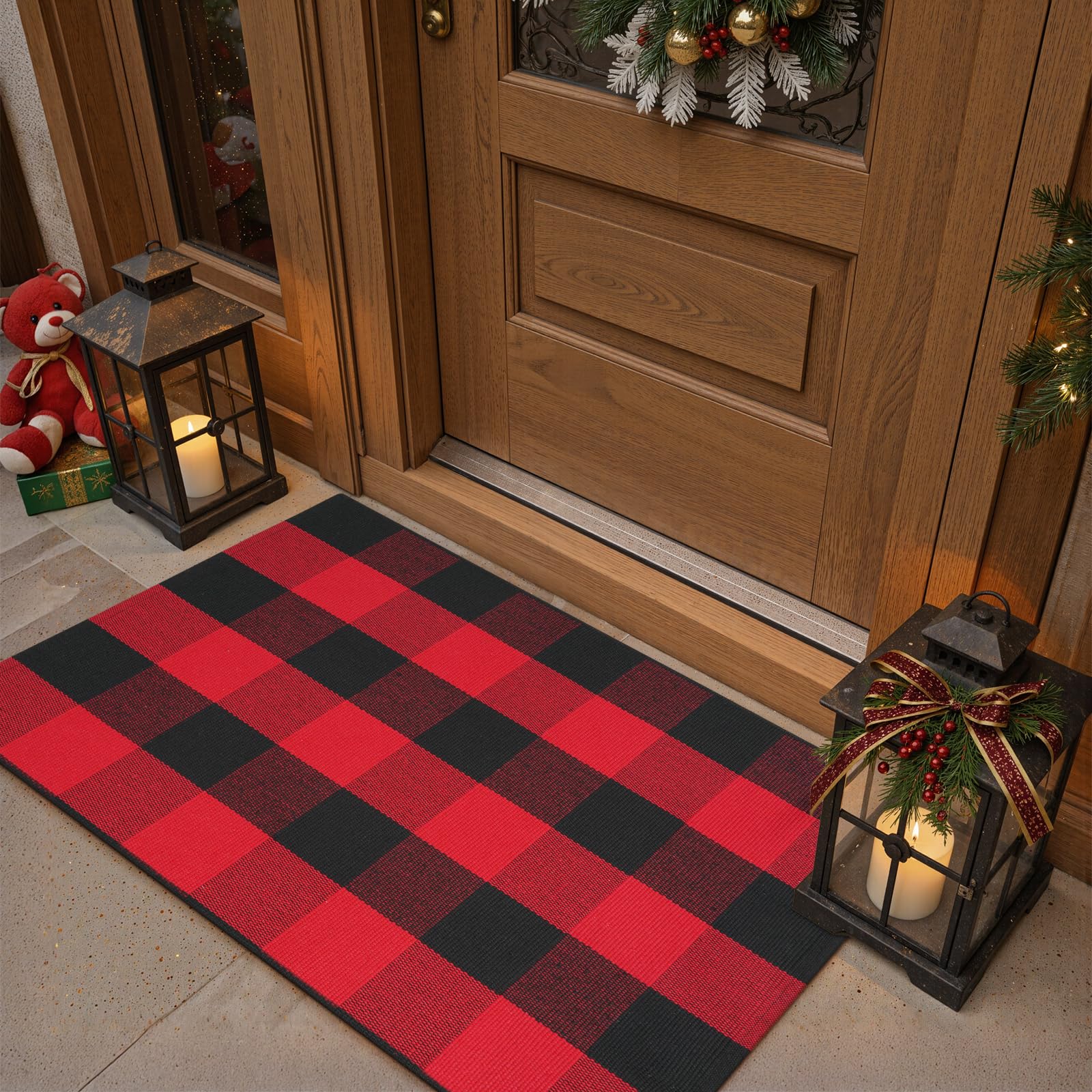Leevan Checkered Door Mat 24X 35 Christmas Buffalo Plaid Rugs Red And Black Christmas Doormats Washable Outdoor Porch Mat Welcom