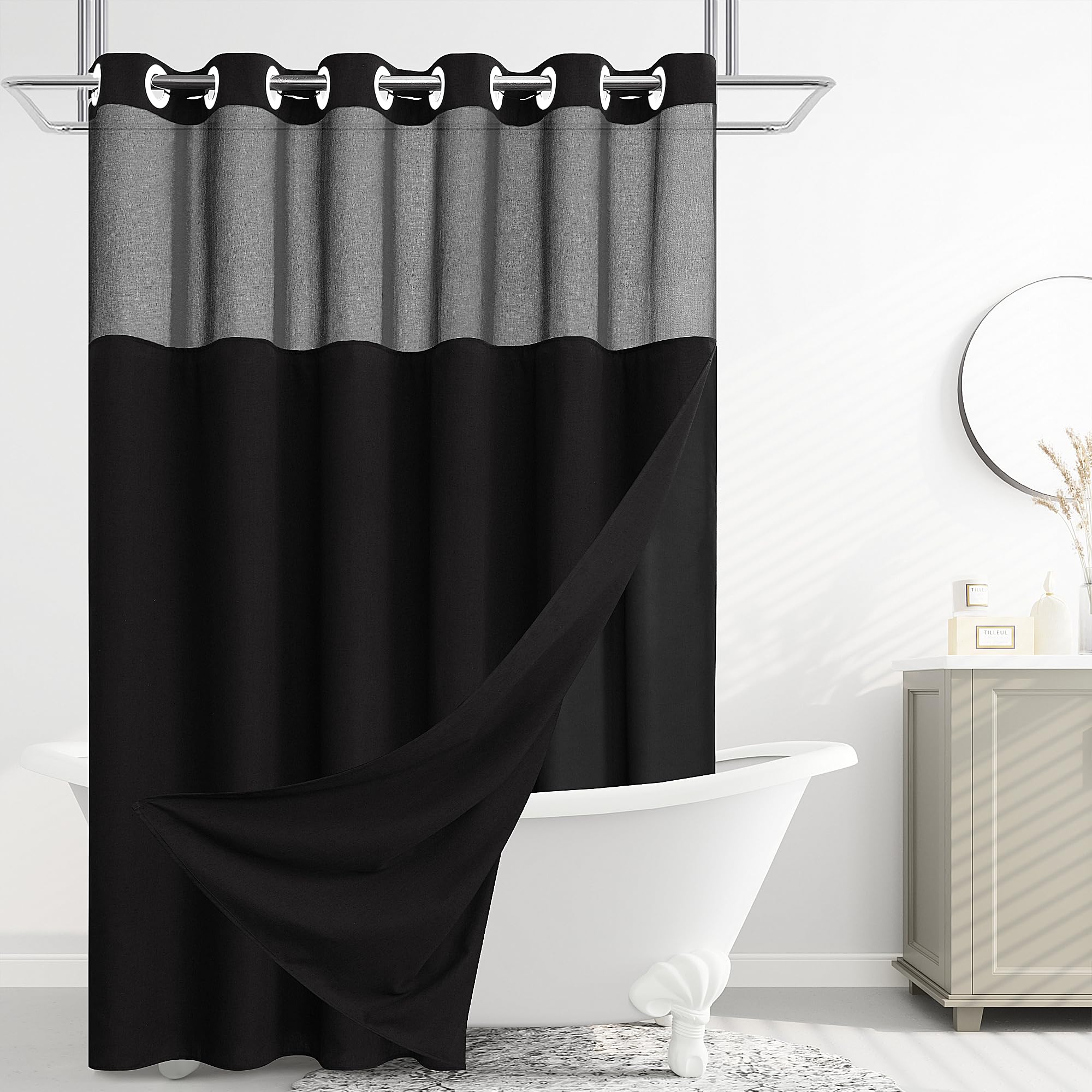 Jowels Black Shower Curtain - No Hooks Needed, Extra Long 87 Inch Linen Snap In Shower Curtains, Split Design Shower Curtain For