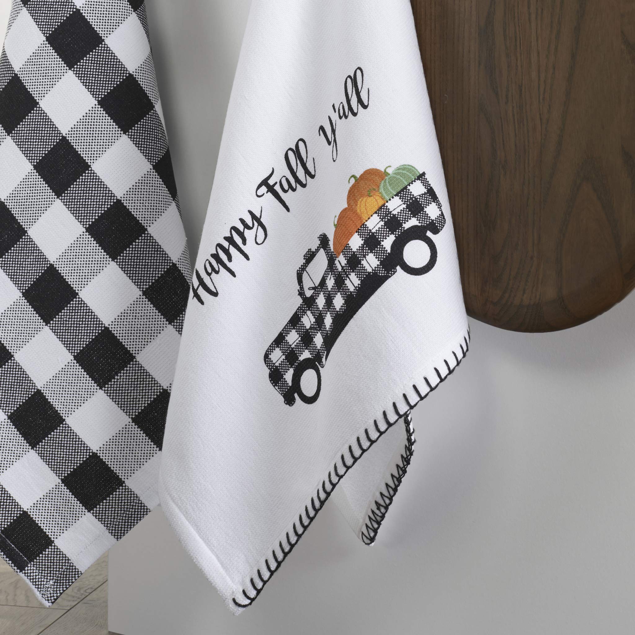 Elrene Home Fashions Farmhouse Living Happy Fall Y'All And Check Farm Truck Kitchen Towel Set, 18'' X 28'', Black/White, 18'' X