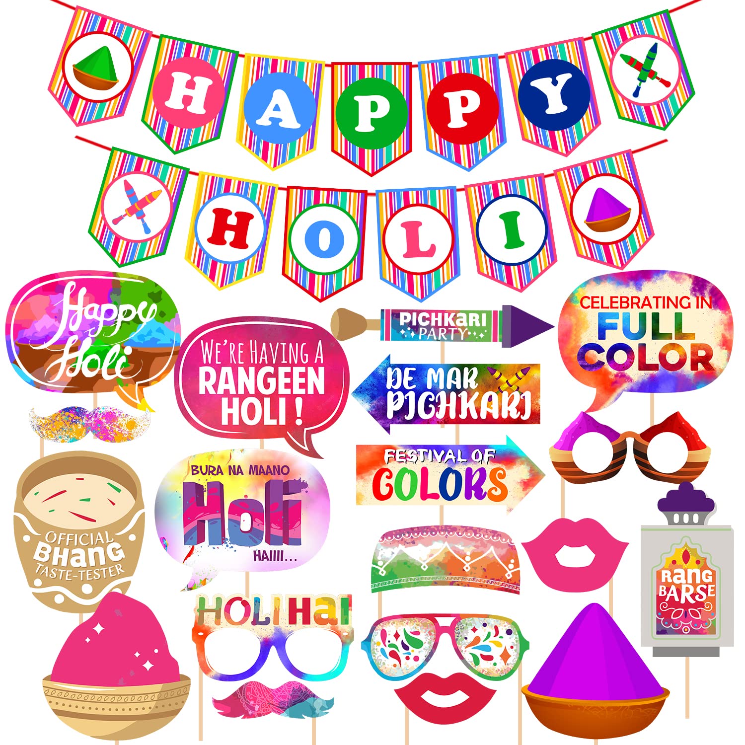 Zyozique Happy Holi Decoration Combo Photo Booth Props with Happy Holi Paper Banner,Holi Decoration Items for Party Holi Decorat