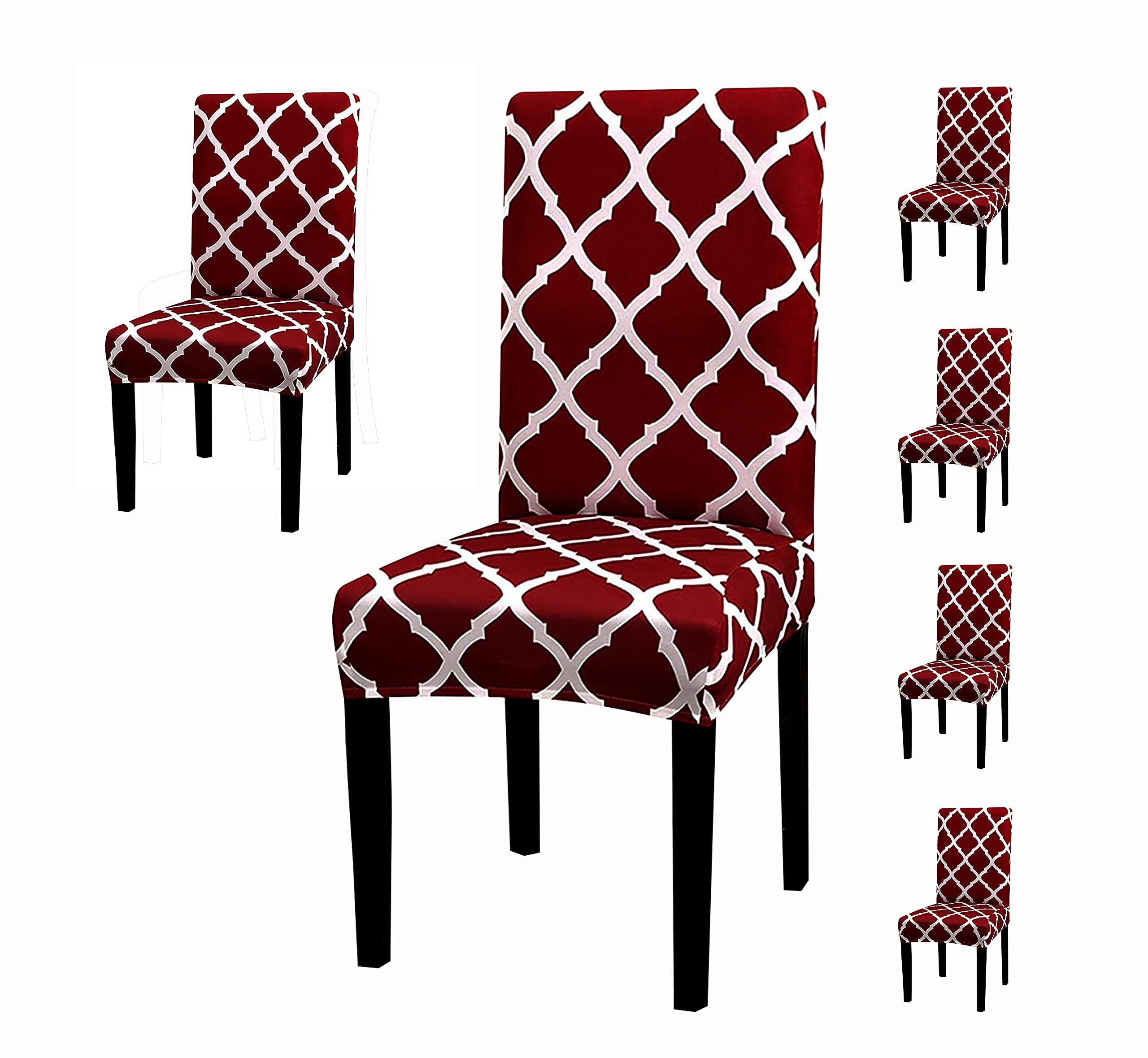 House Of Quirk Elastic Stretch Removable Washable Polyester Short Dining Chair Cover (6 Cover, Maroon Diamond)