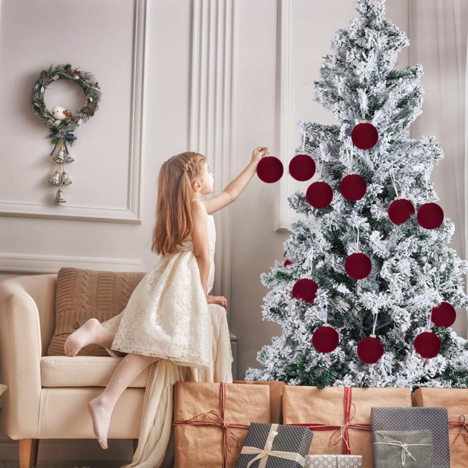12pcs Christmas Tree Hanging Ball Decoration 2.4Inch Velvet Christmas Ornaments Balls Flocked Shatterproof Plastic Xmas Tree Bal