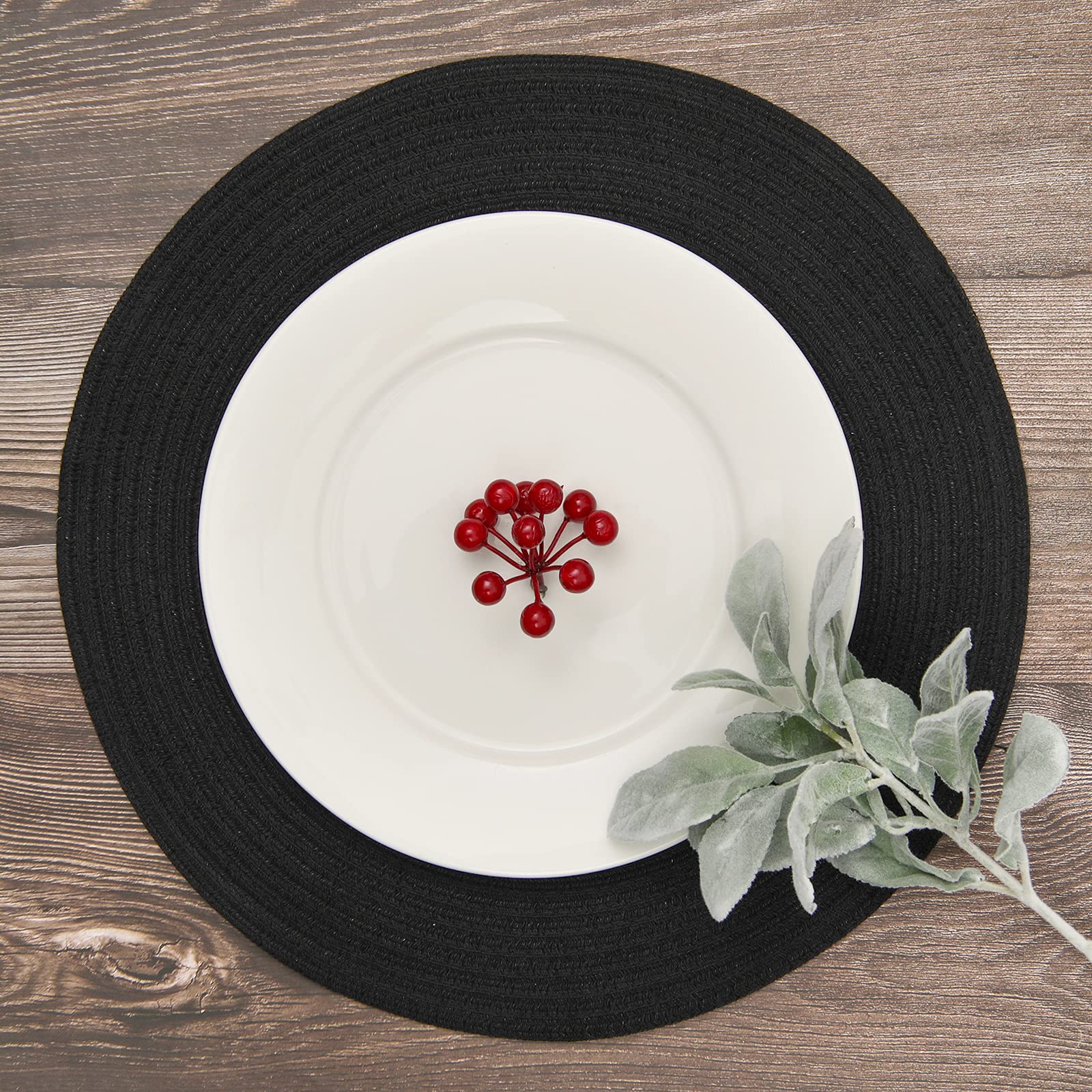 Shacos Round Braided Placemats Set Of 8 Washable Cotton Polyester Woven Round Table Mats For Dining Tables 15 Inch (Black, 8)