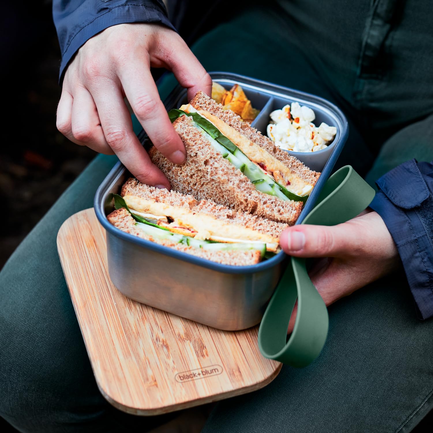 BLACK + BLUM Stainless Steel Sandwich Box - Large 1.25L, Olive, Plastic Free with Bamboo Lid