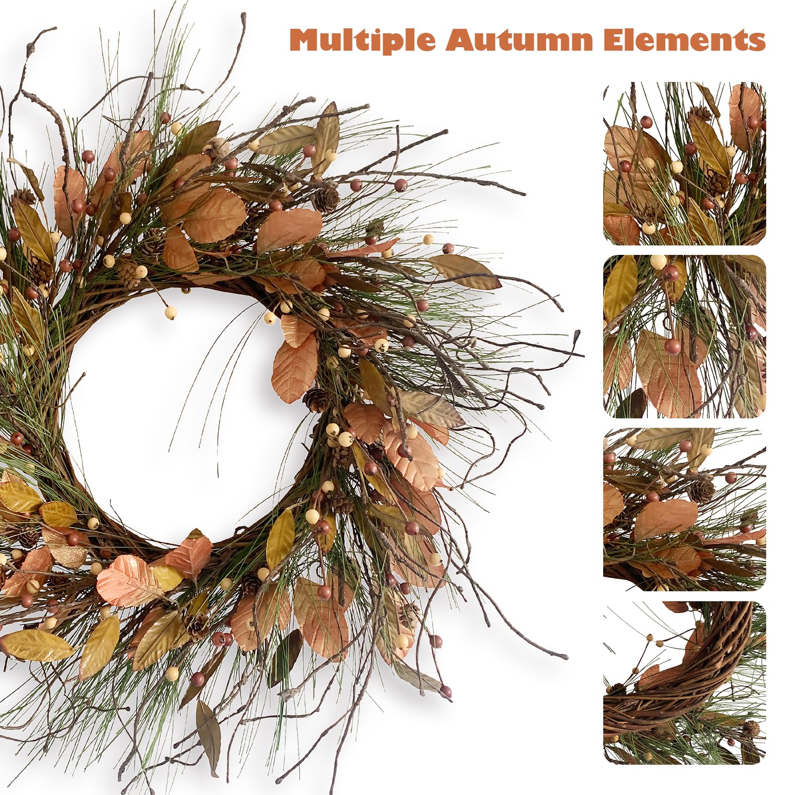 26 Inch Fall Wreath for Front Door Pip Berry Pinecone Autumn Wreath with Pine Needle and Magnolia Leaves, Large Grapevine Wreath