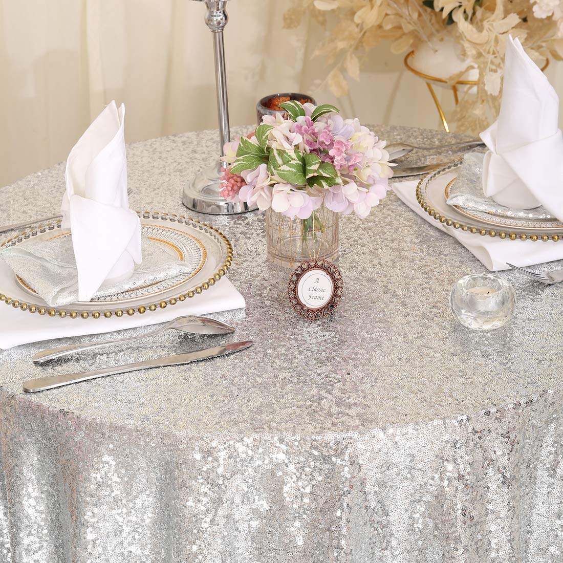 Eternal Beauty Sequin Tablecloth,Sparkly Table Cloth For Wedding Party, Christmas Decorations Round Glitter Tablecloth (50'', Si