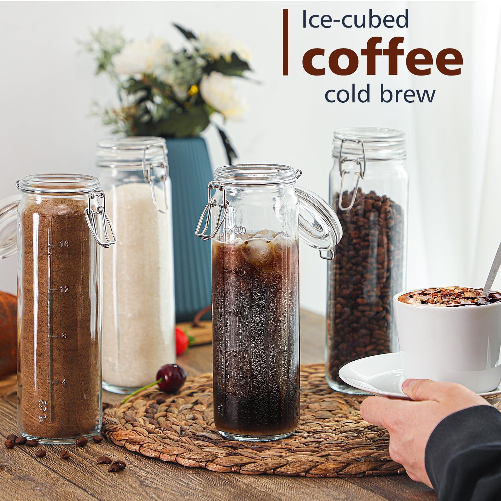 Folinstall 6 Pack 20 Oz Tall Glass Jars With Airtight Lids For Vanilla Extract, Leak Proof Glass Drinking Bottles(600Ml) With Si