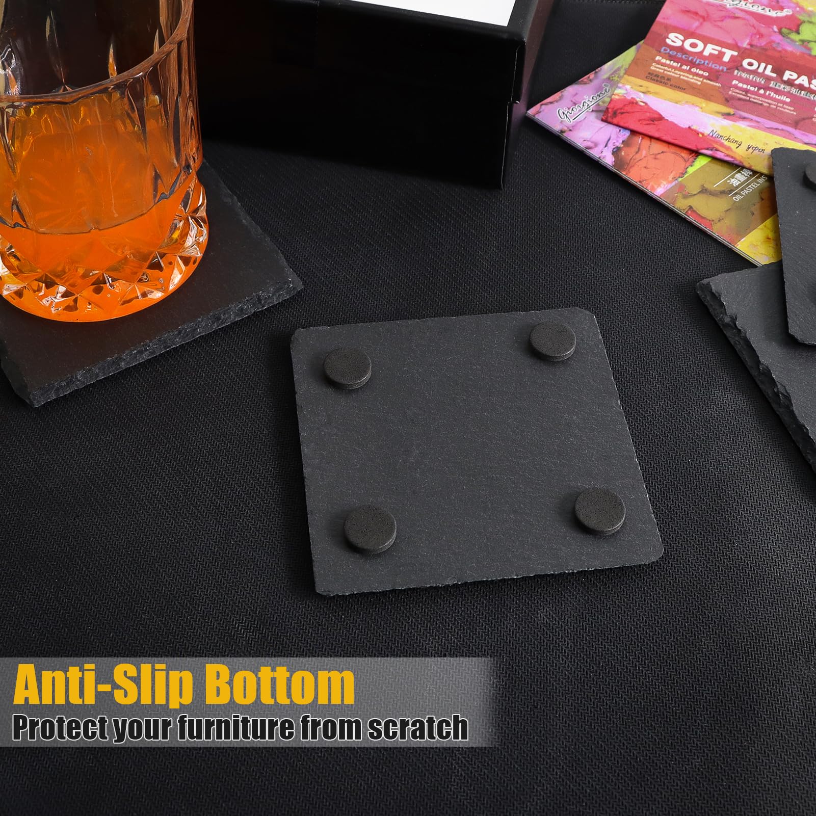 12 Pack Slate Drink Coasters With Metal Holder, Vibratite 4 Inch Black Slate Stone Coasters Bulk Laser Engraving Blanks With Ant