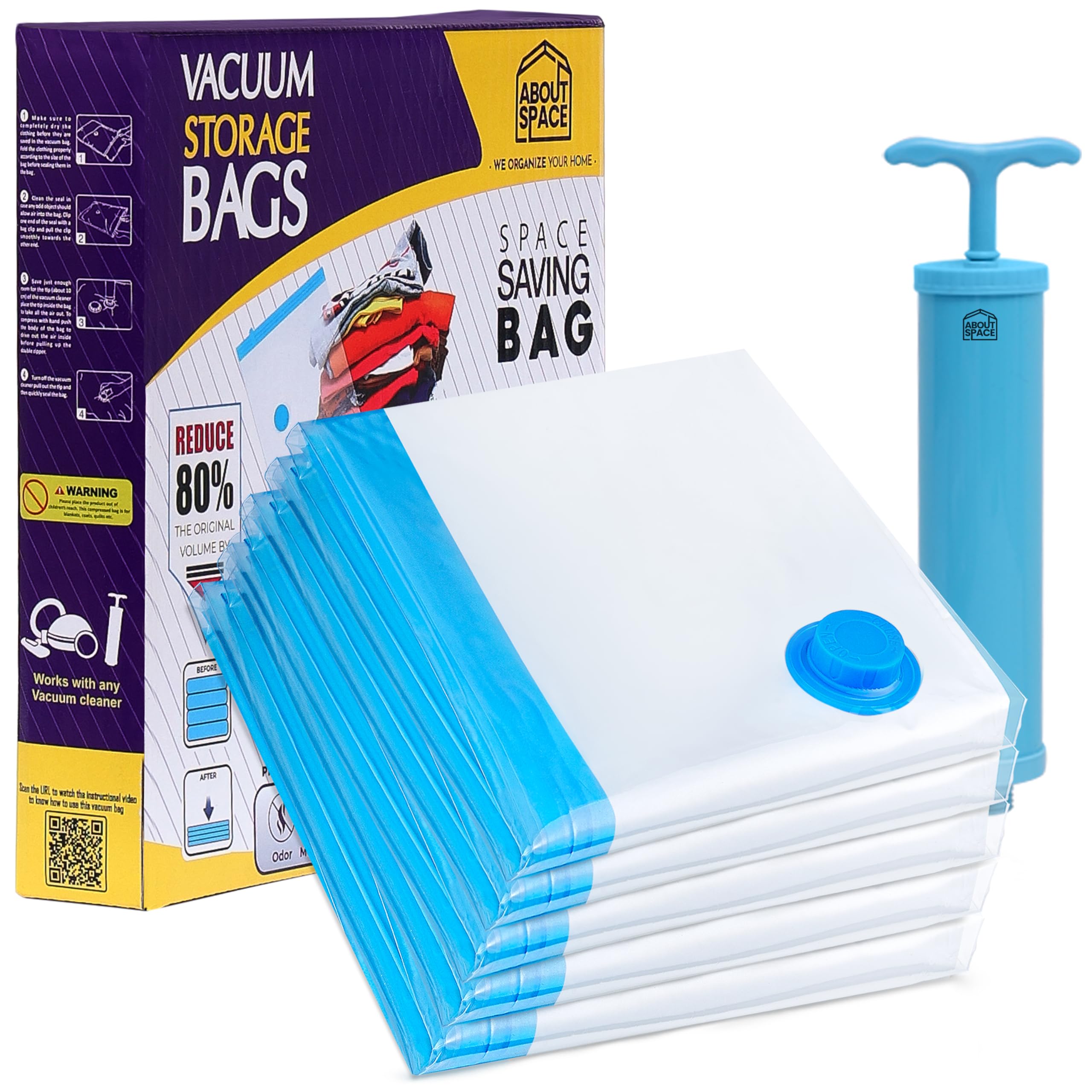 About Space Polyamide Polyethylene Vacuum Compression Bags (5 Pack) With Hand Pump | Large Zip Seal Compression Storage Bags | H