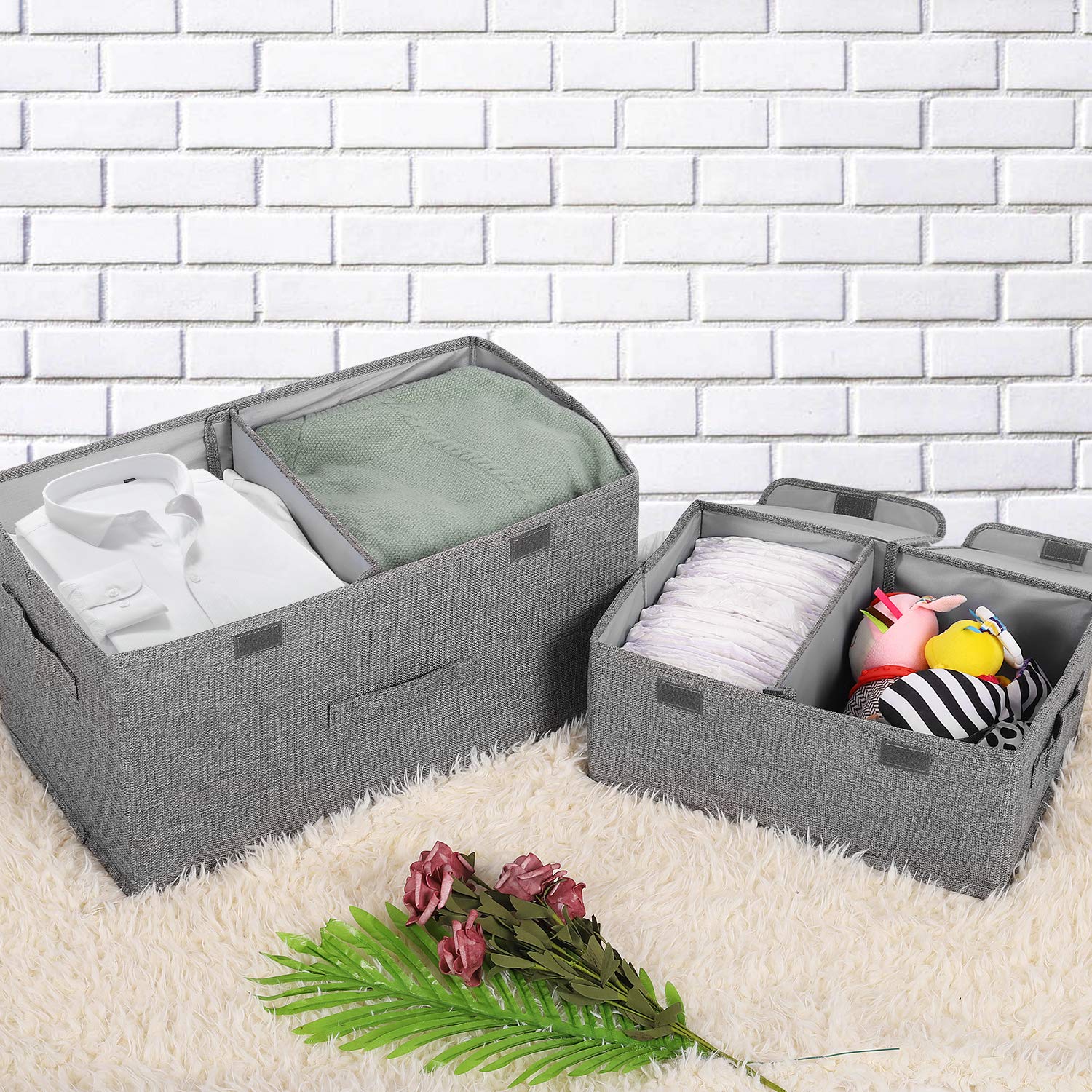 Valease 2 Pack Storage Boxes With Lids And Handles, Collapsible Linen Storage Bins Organizer Containers Baskets Cube With Remova