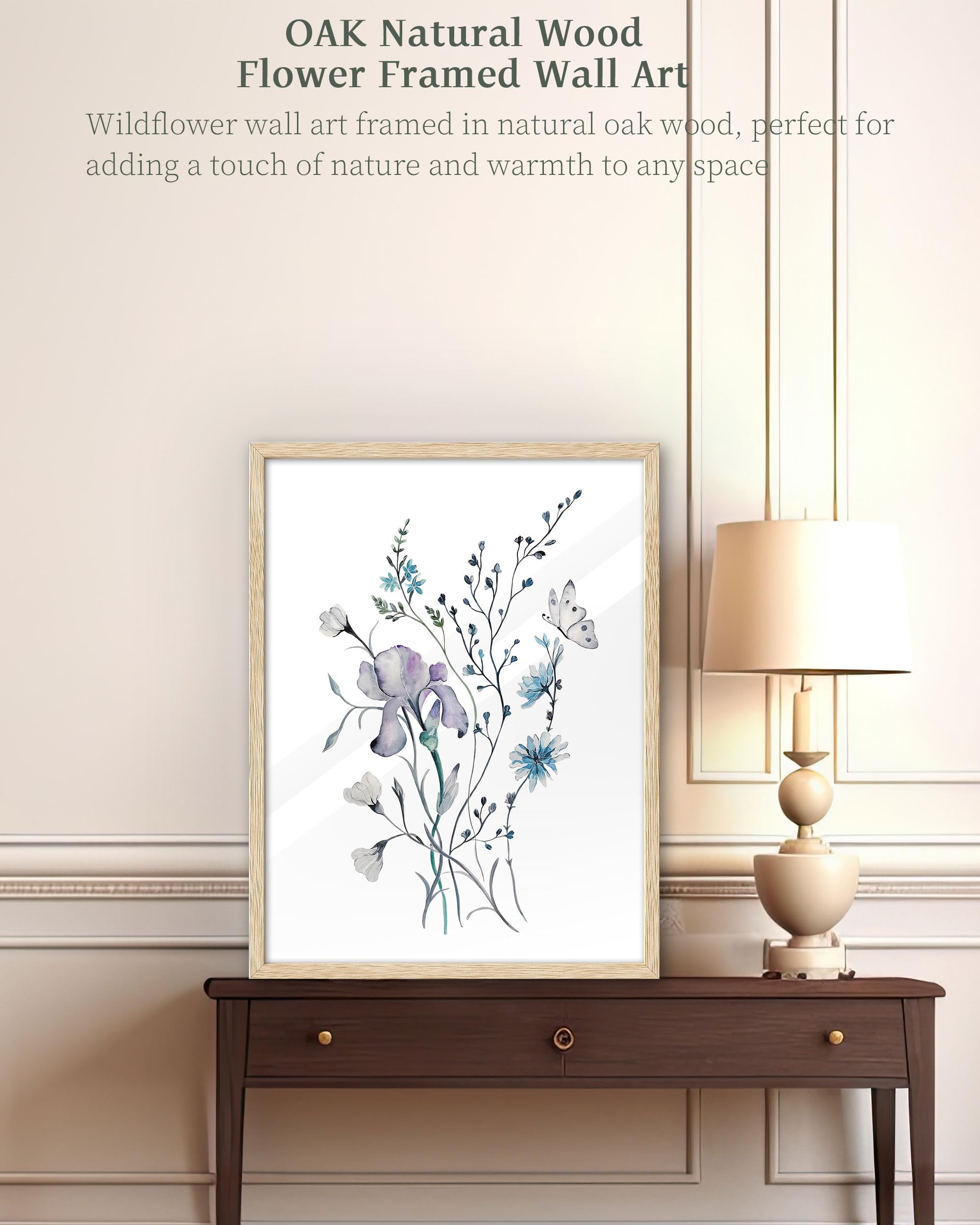 Ihery Natural Oak Wood Framed Blue Floral Wall Art, 12X16 In Set Of 3 Colorful Wildflower Canvas Prints, Beige Narrow Frame Bota