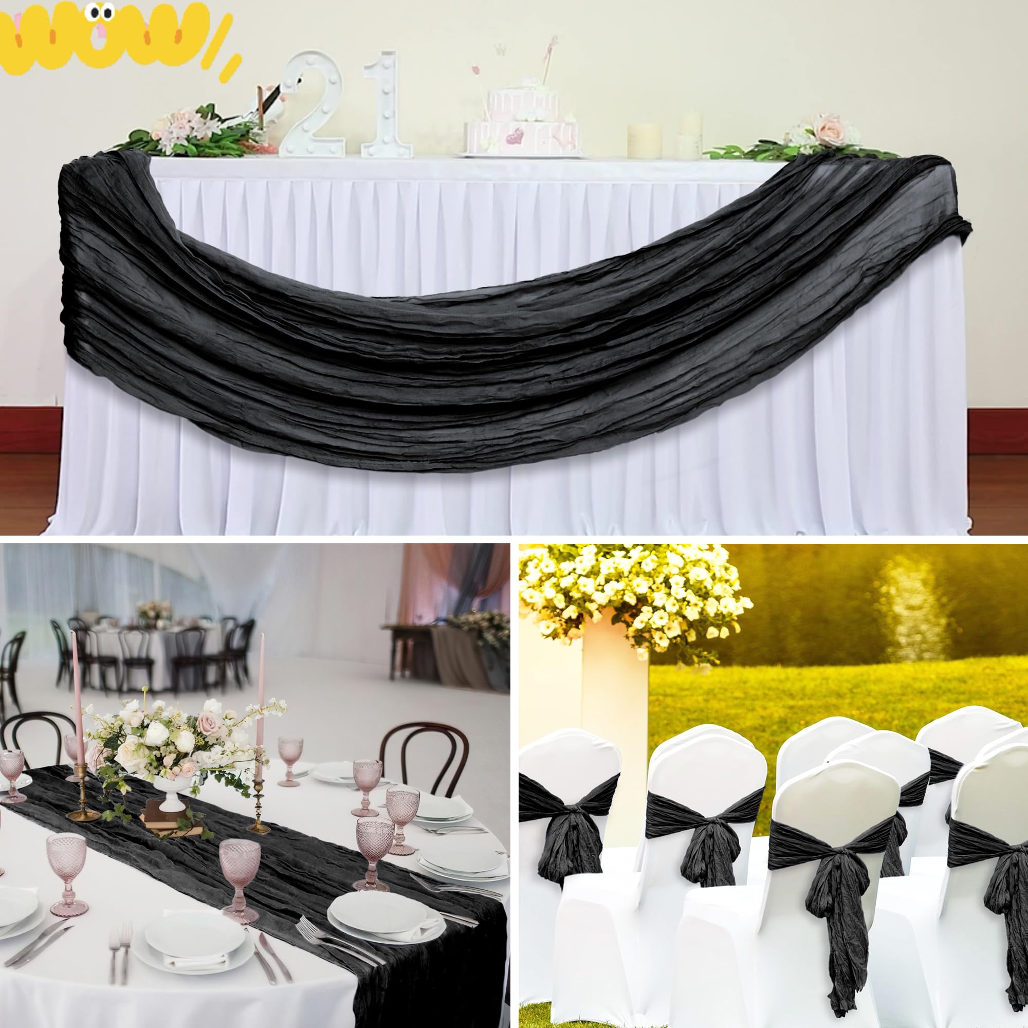 15 Pack Black Cheesecloth Table Runner 10Ft Gauze Cheese Cloth 35X120 Inch Boho Table Runner Romantic Table Runner Long Table Co
