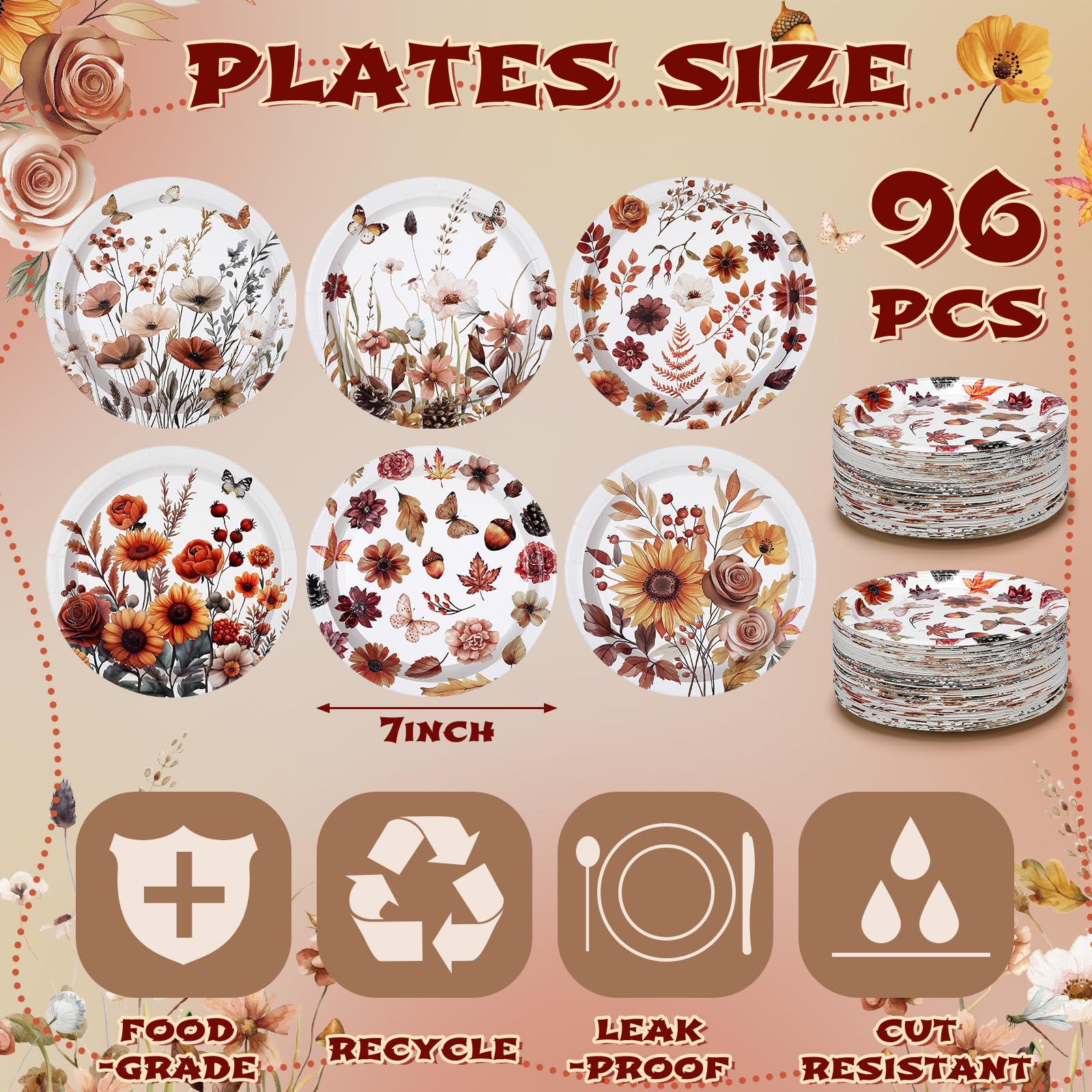 Fourluoo 96 Pcs Thanksgiving Fall Floral Plates Disposable 7 Inch Flower Butterfly Plates for Autumn Thanksgiving Day Party Birt