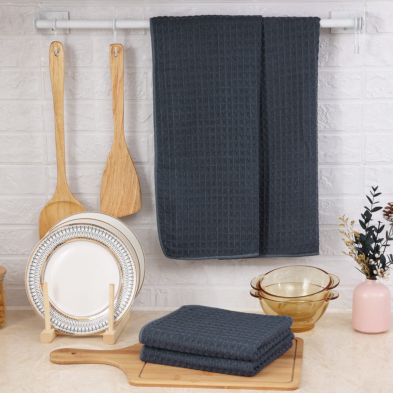 Homaxy Premium Microfiber Waffle Weave Kitchen Towels, 16 X 28 Inch Ultra Absorbent And Solid Color Dish Towels, 4 Pack, Dark Gr