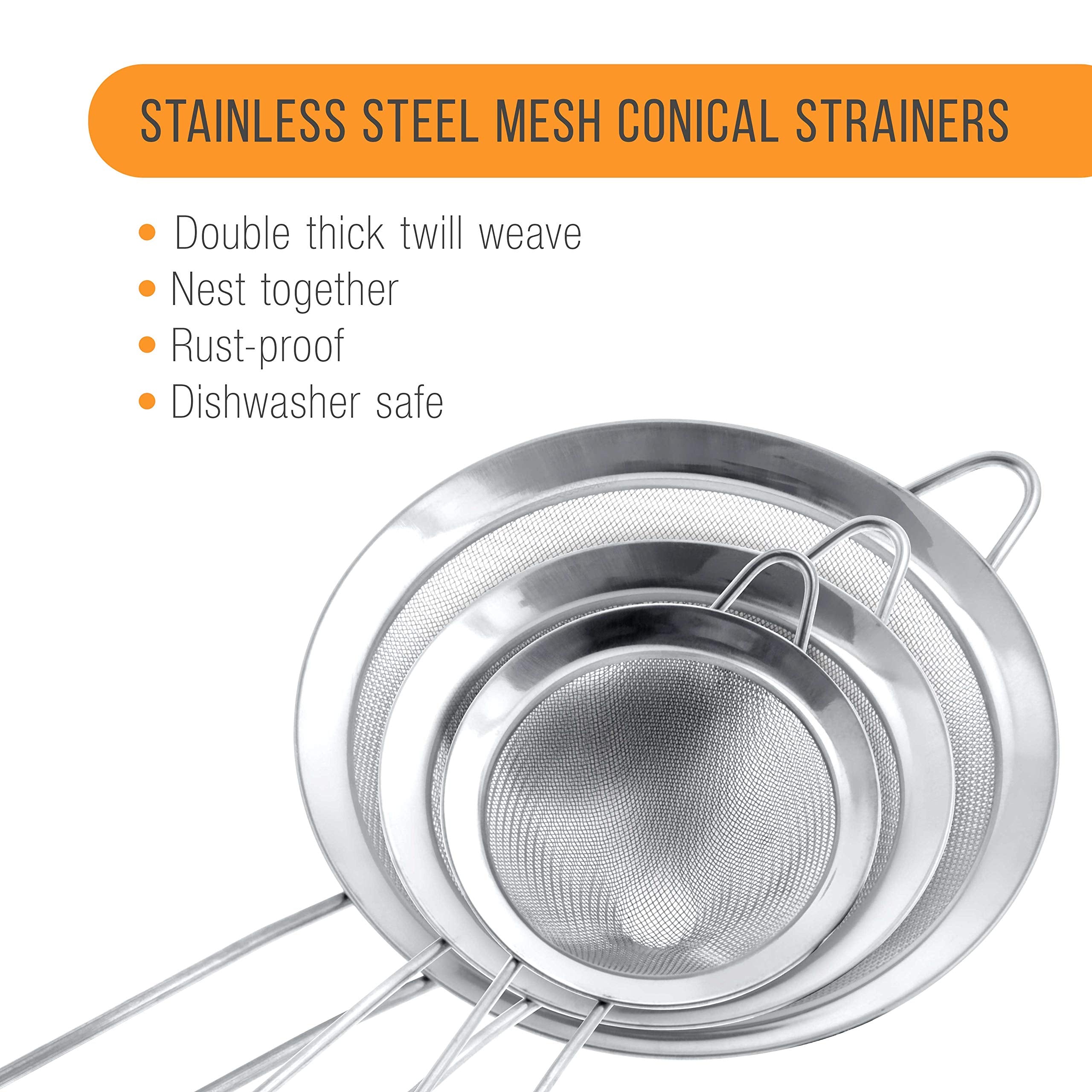 U.S. Kitchen Supply - Set Of 3 Premium Quality Extra Fine Twill Mesh Stainless Steel Conical Strainers - 3'', 4'' And 5.5'' Size