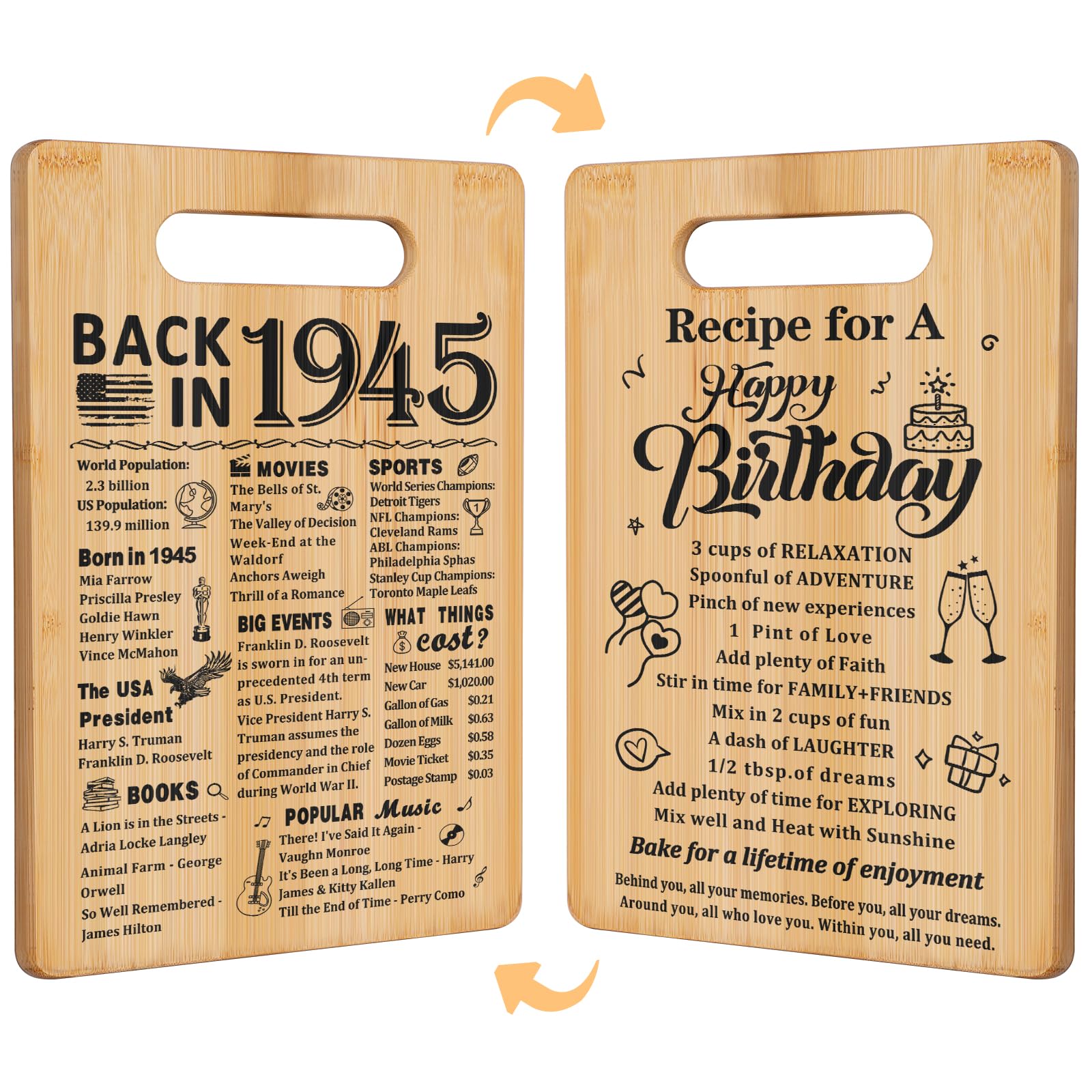 80th Birthday Gifts for Women Men,Back In 1945&Recipe for A Happy Birthday Double sided Cutting Board present for Her Him,80th B