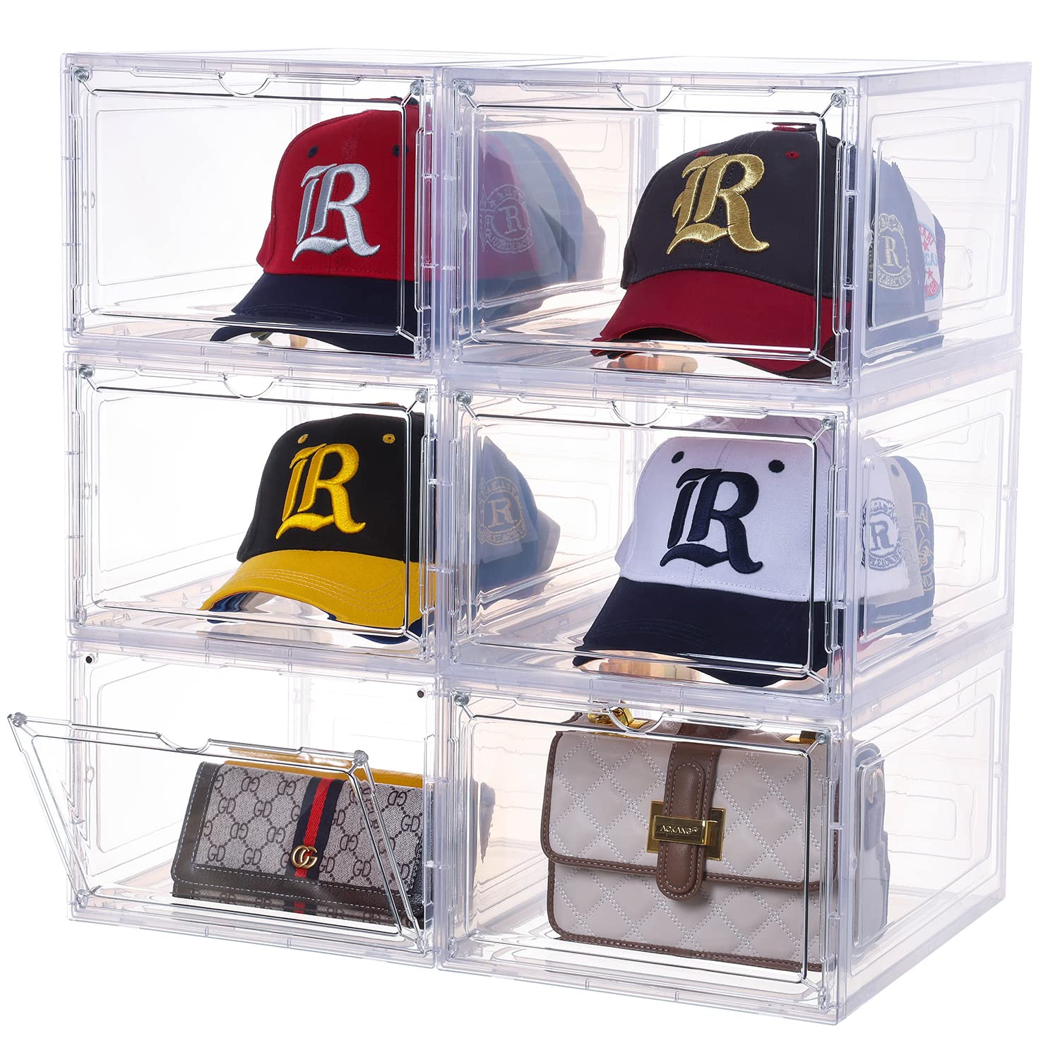 Hat Organizer For Baseball Caps,Set Of 6, Transparent Hat Storage Box, Hat Holder With Clear Magnetic Door, Stackable Hat Rack,