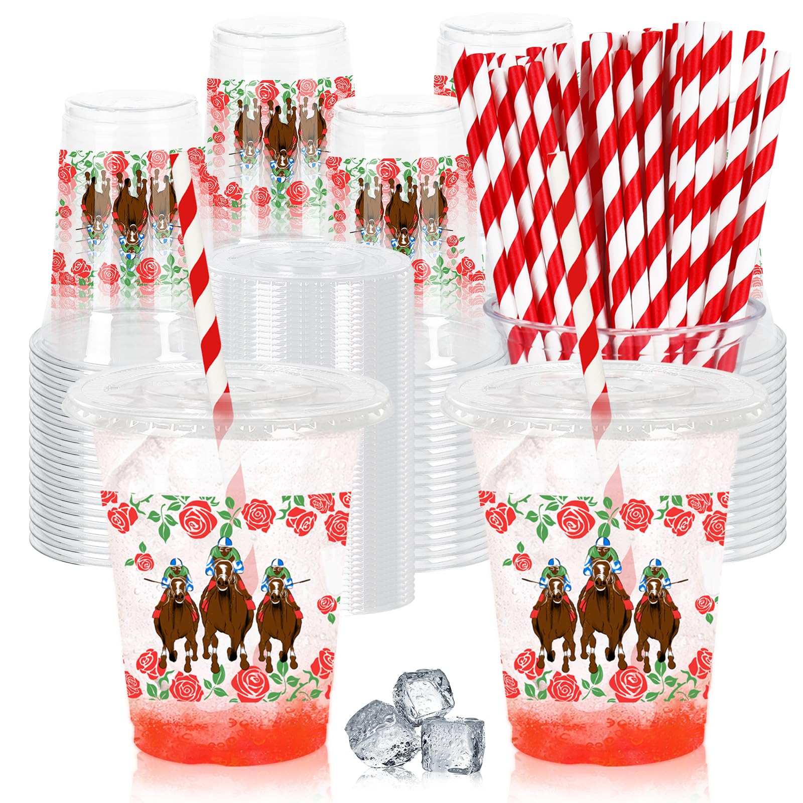 Whaline 50Pcs Horse Racing Plastic Cups Disposable Cups with Lids Straws 12oz Red Rose Horse Clear Plastic Cup for Derby Day Run