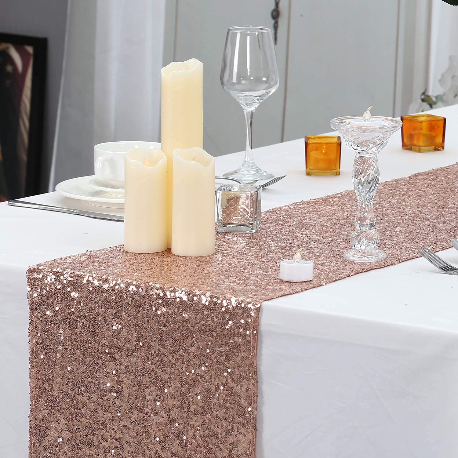Partydelight 12 Pack 12'' X 60'' Rose Gold Sequin Table Runner For Wedding, Party, Bridal Baby Shower, Christmas.