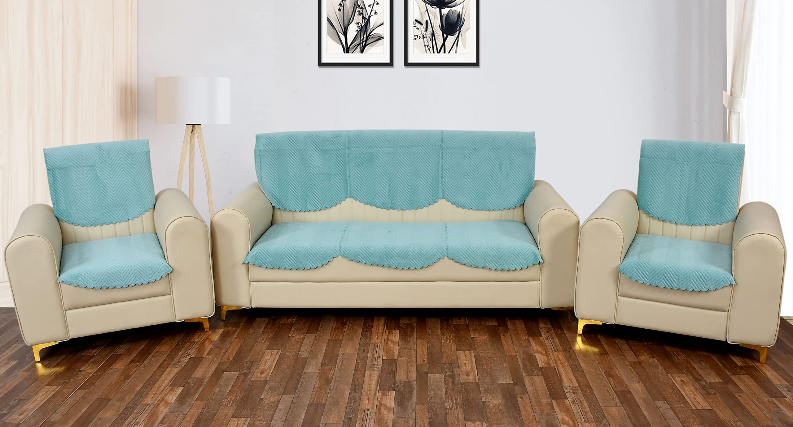 Yellow Weaves Velvet 5 Seater Quilted Sofa Cover And Chair Cover, Seat & Back Cover, Color - Sky Blue