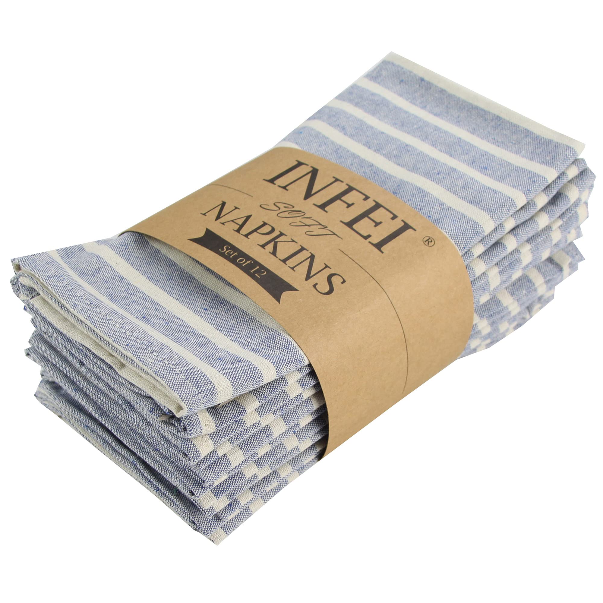 Infei Broad Striped Cotton Blended Dinner Cloth Napkins - Set Of 12 (40 X 30 Cm) - For Events & Home Use (Blue)