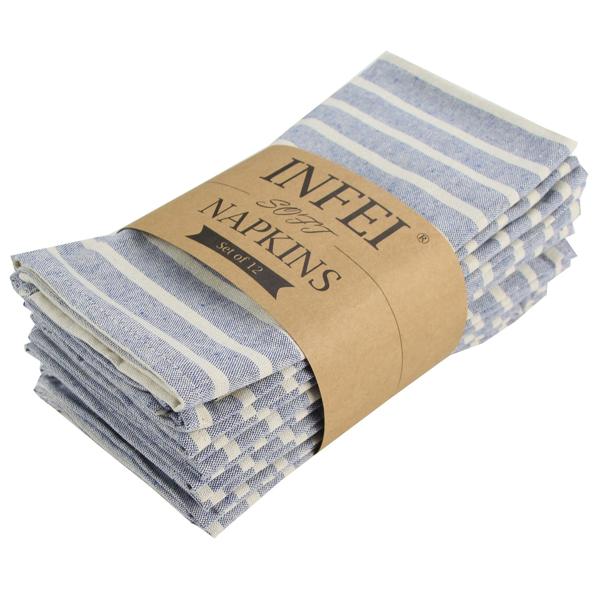 Infei Broad Striped Cotton Blended Dinner Cloth Napkins - Set Of 12 (40 X 30 Cm) - For Events & Home Use (Blue)