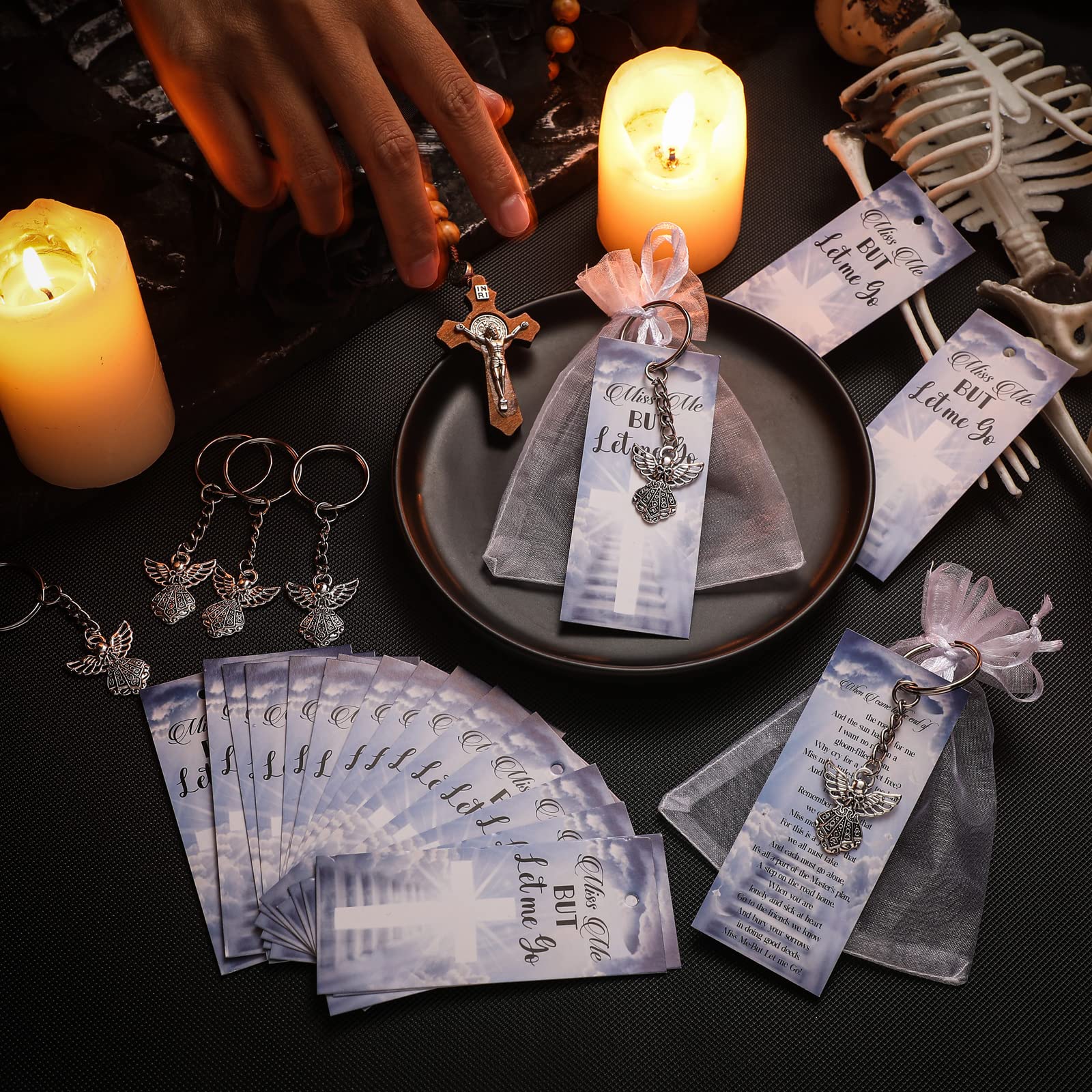 Nosiny 108 Pieces Funeral Favors Thank You Set Includes 36 Angel Keychains 36 Organza Bags 36 Miss Me But Let Me Go Prayer Cards