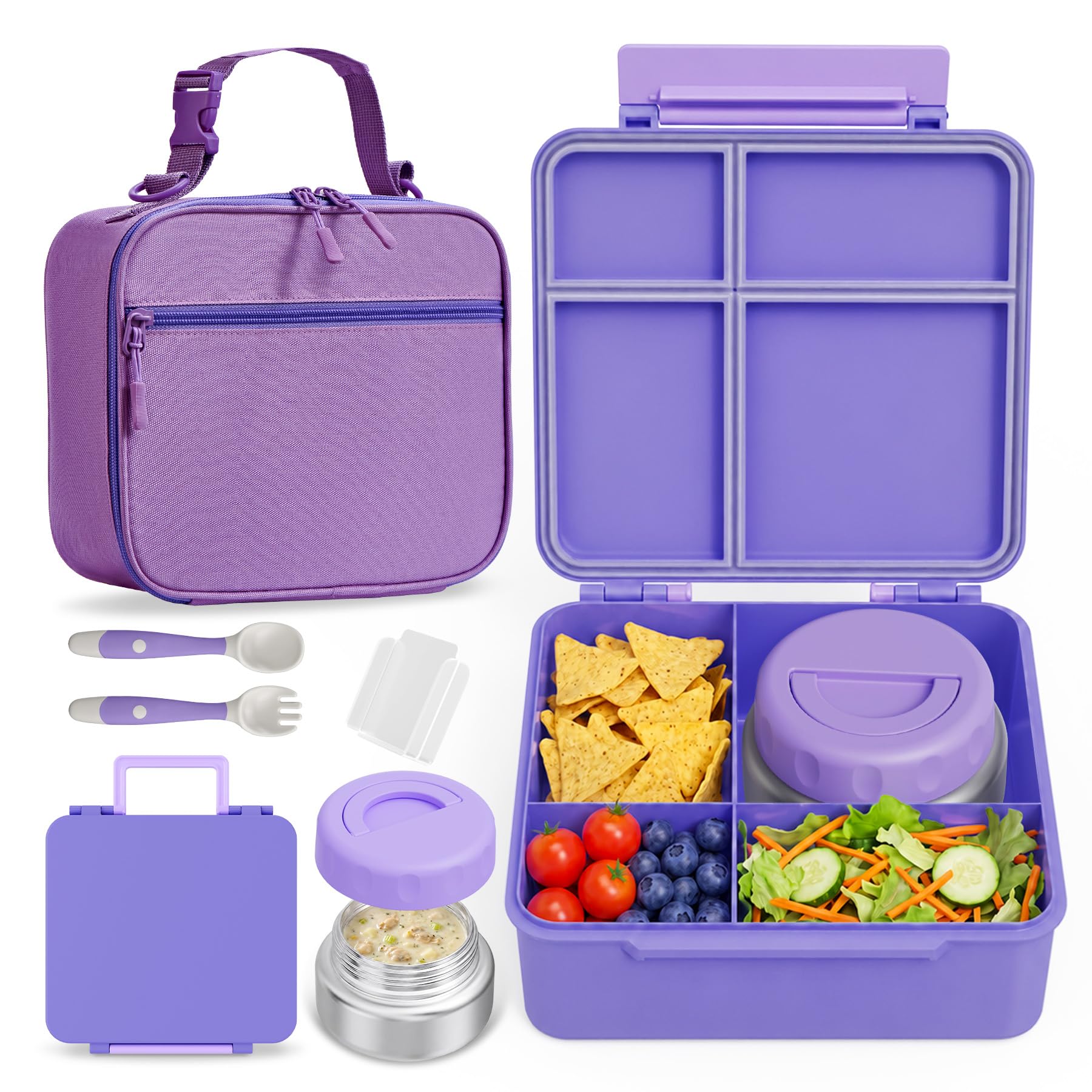 FAJSL Bento Box for Kids with Thermo Food Container (9oz), 4Compartment Lunch Box, Adjustable Divider, Leakproof Bento Lunch Bo