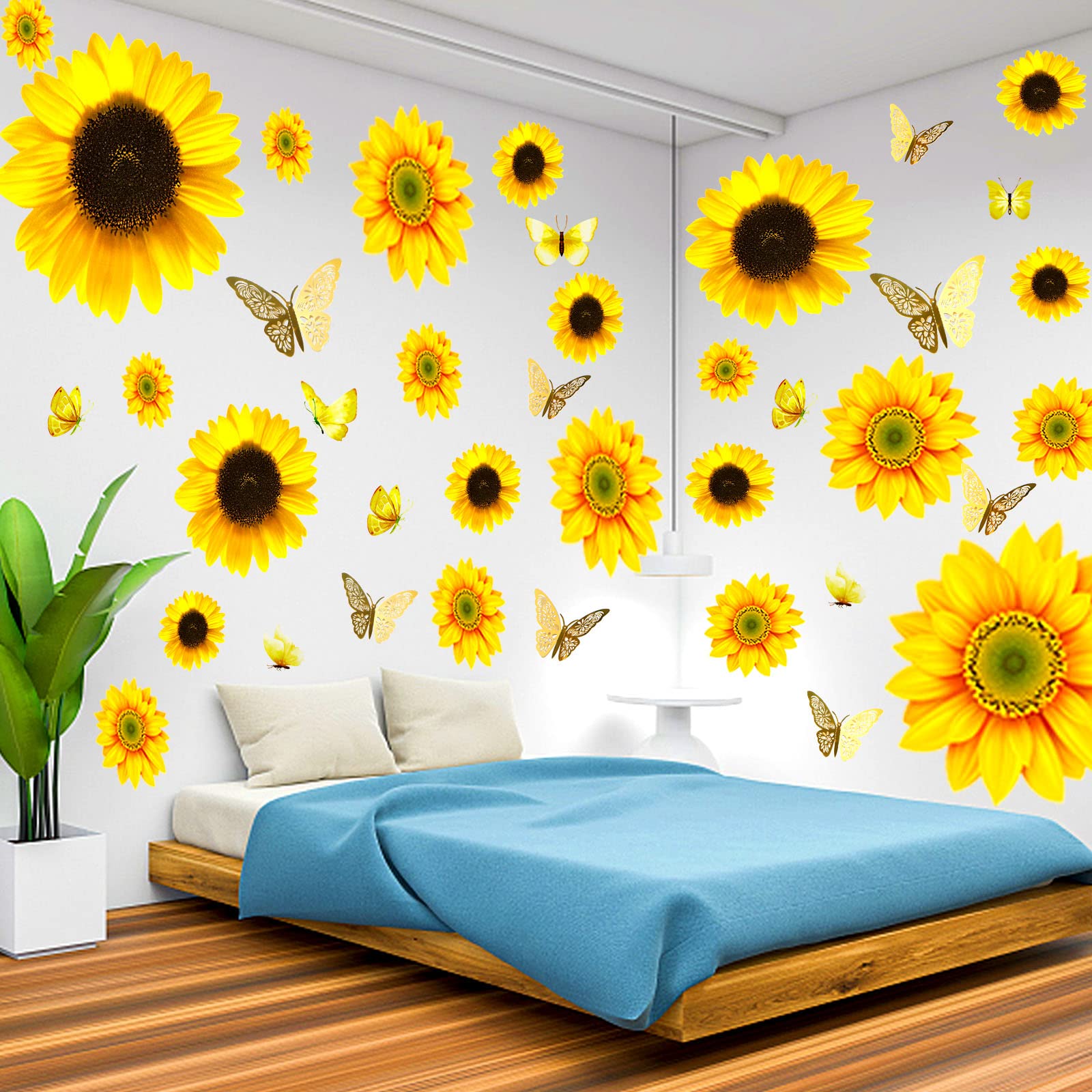 Large Sunflower Wall Stickers - 39 Pcs Sunflower Daisy Decals For Wall 3D Butterfly Wall Sticker Sunflower Bathroom Nursery Deco