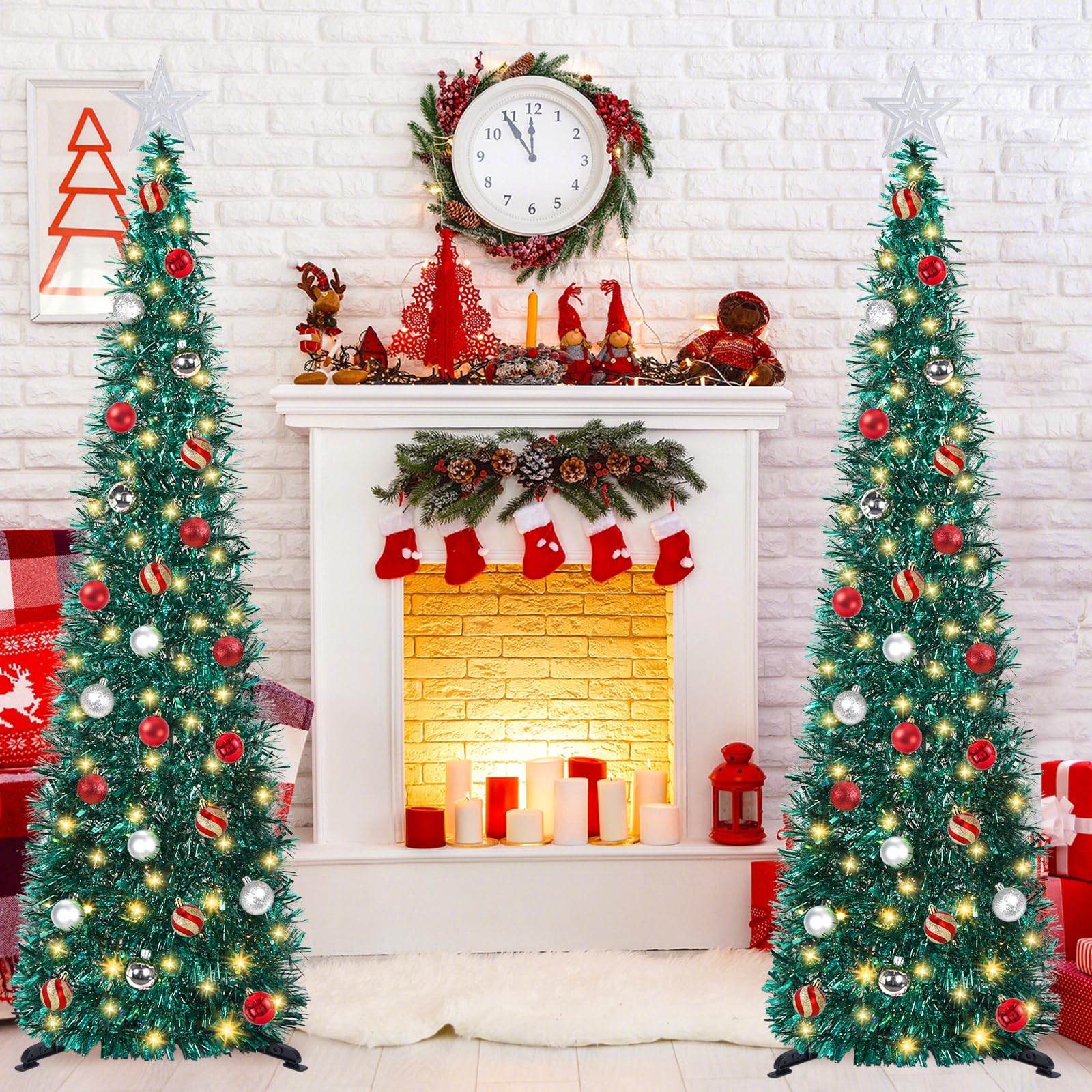 SINTENILL 5 FT Pop Up Christmas Tree with Timer Lights and Decorations, Green Tinsel Artificial Christmas Tree with 24 Balls Orn