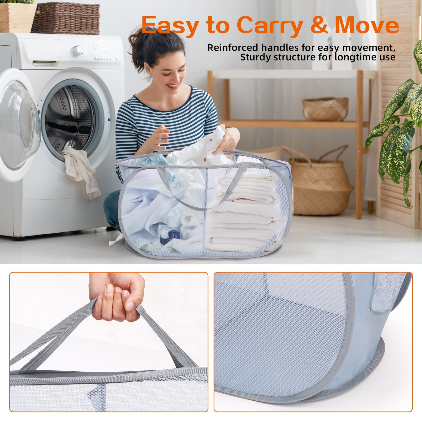 Bemkoo Sturdy Collapsible Laundry Basket, 2 Compartments, Durable Polyester, Gray, Foldable Pop Up Hamper for Home, Dorm, Travel