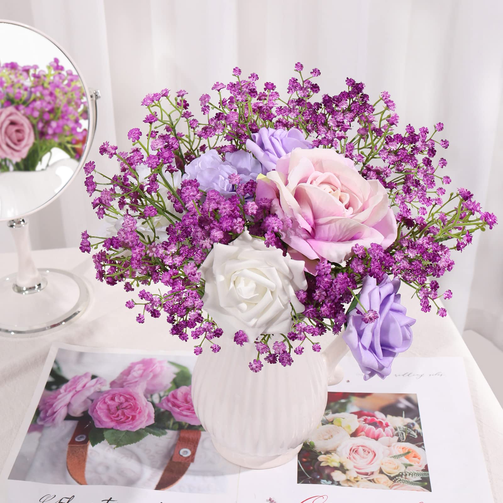 DEEMEI Artificial Baby Breath Flowers Purple Gypsophila Bouquets 15 pcs Real Touch Flowers for Wedding Party Home Decoration