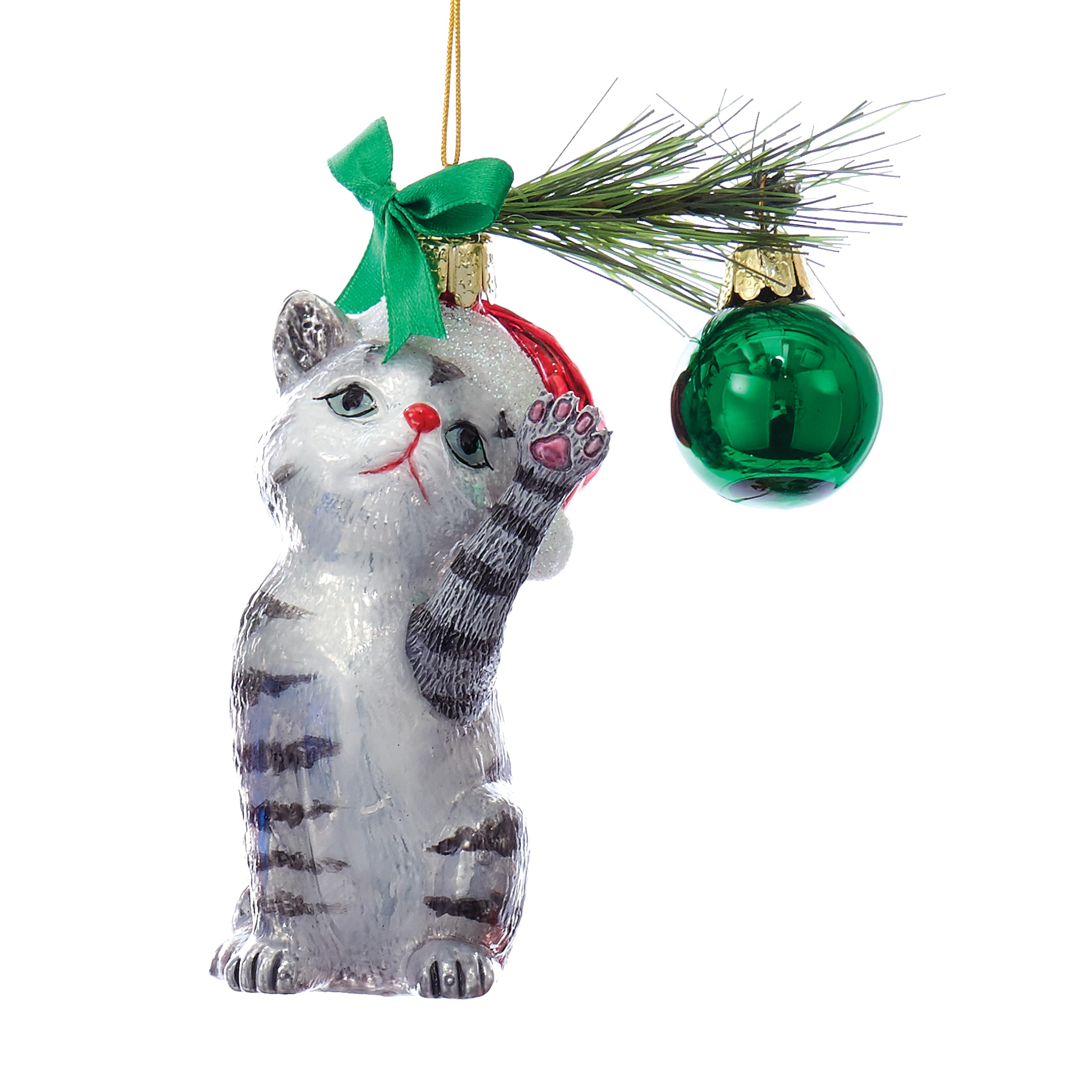 Kurt Adler Noble Gems Gray and Black Striped Cat Glass Ornament, 5