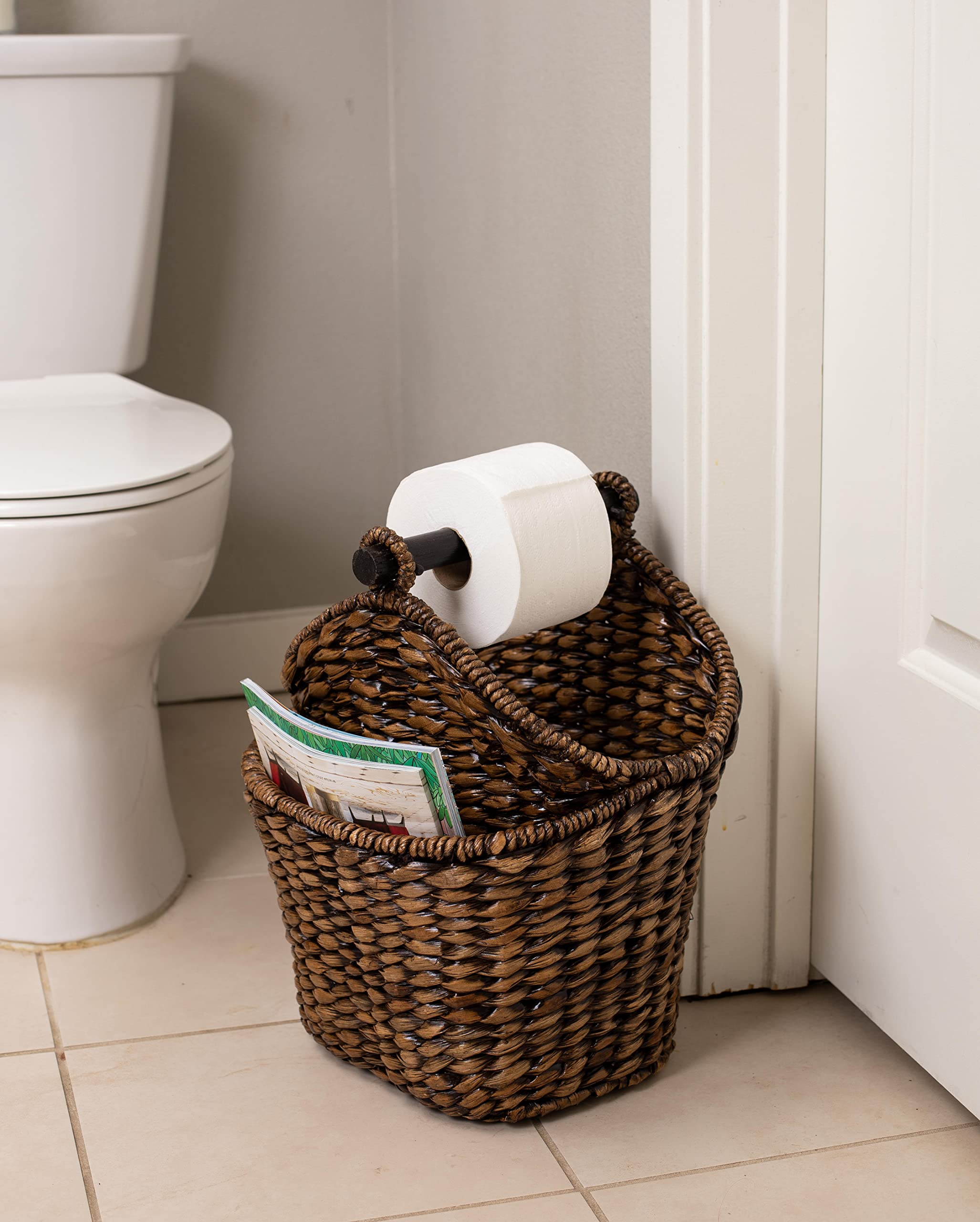 Birdrock Home Seagrass Magazine And Bathroom Basket - Hand Woven Toilet Paper Holder With Pocket - Grey Wash - Stylish Decorativ