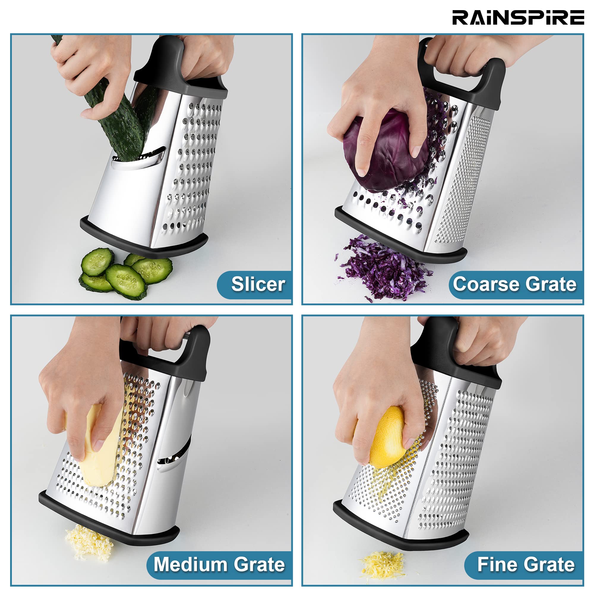 Rainspire Professional Box Grater, Cheese Grater Box For Kitchen Stainless Steel With 4 Sides, Cheese And Spice Graters With Han
