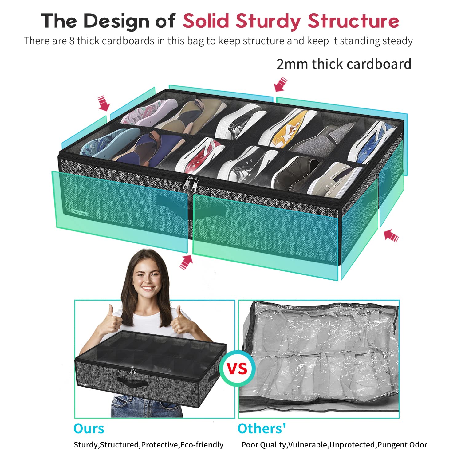 Onlyeasy Sturdy Under Bed Shoe Storage Organizer, Set of 2, Fits Total 24 Pairs, Underbed Shoes Closet Storage Solution with Cle