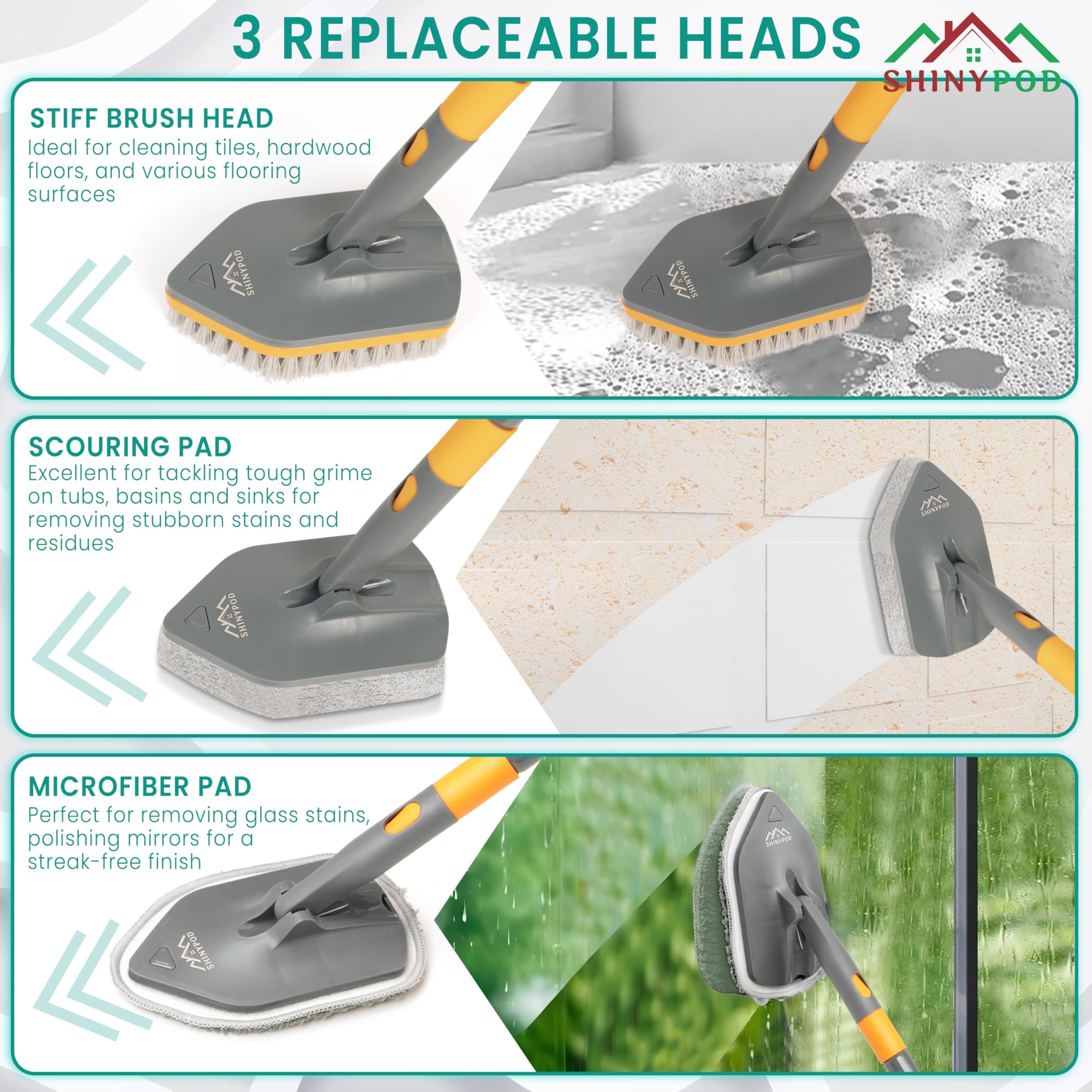 Shinypod Floor Cleaning Brush With Long Handle, Combo Of Microfiber & Scrubbing Pads For Bathroom Tiles, Glass Windows  Wall Cle