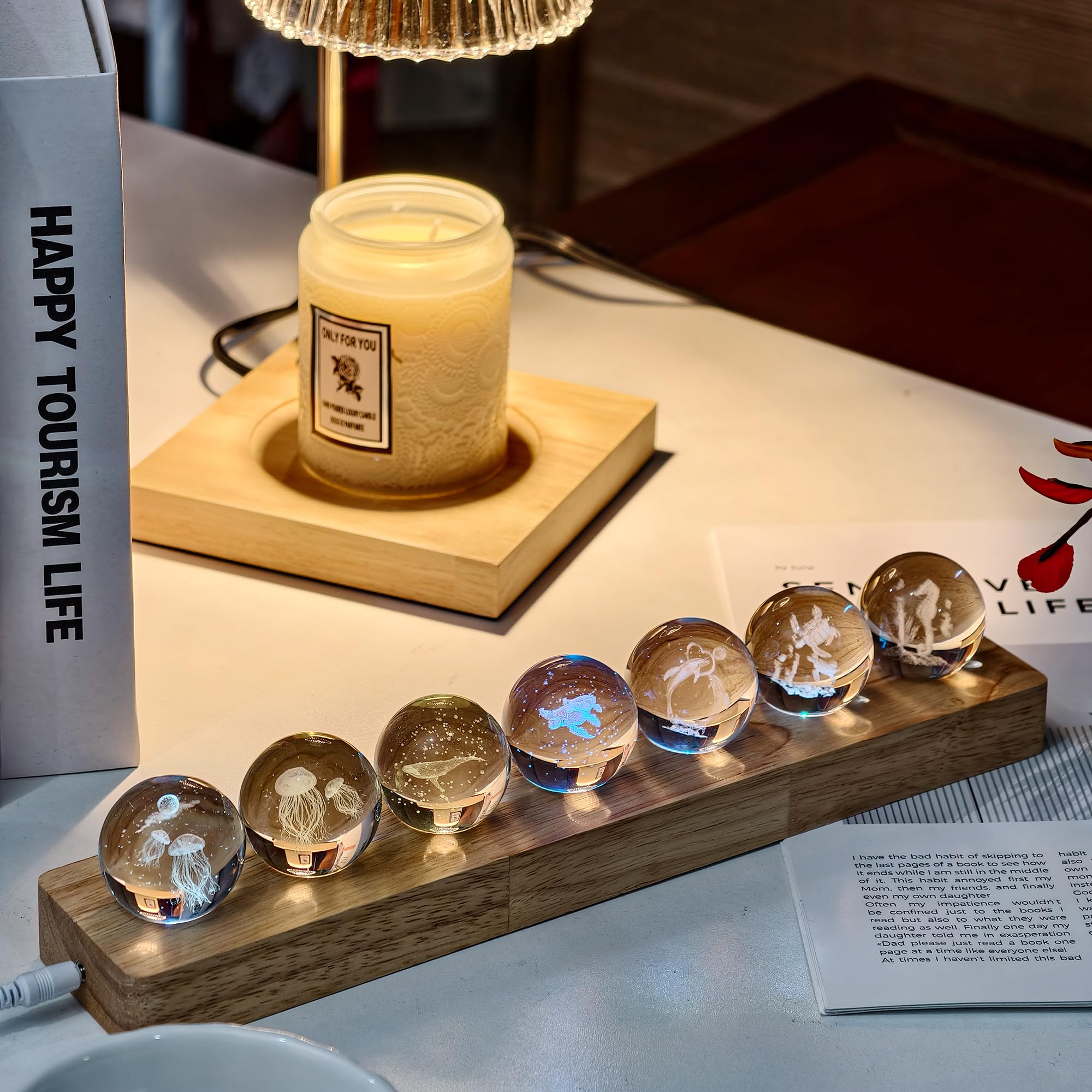 vskikris 3D Crystal Laser Ocean Light Up Decorative Balls with LED Wooden Base - 7 Glass Laser Balls, Night Light Decoration for