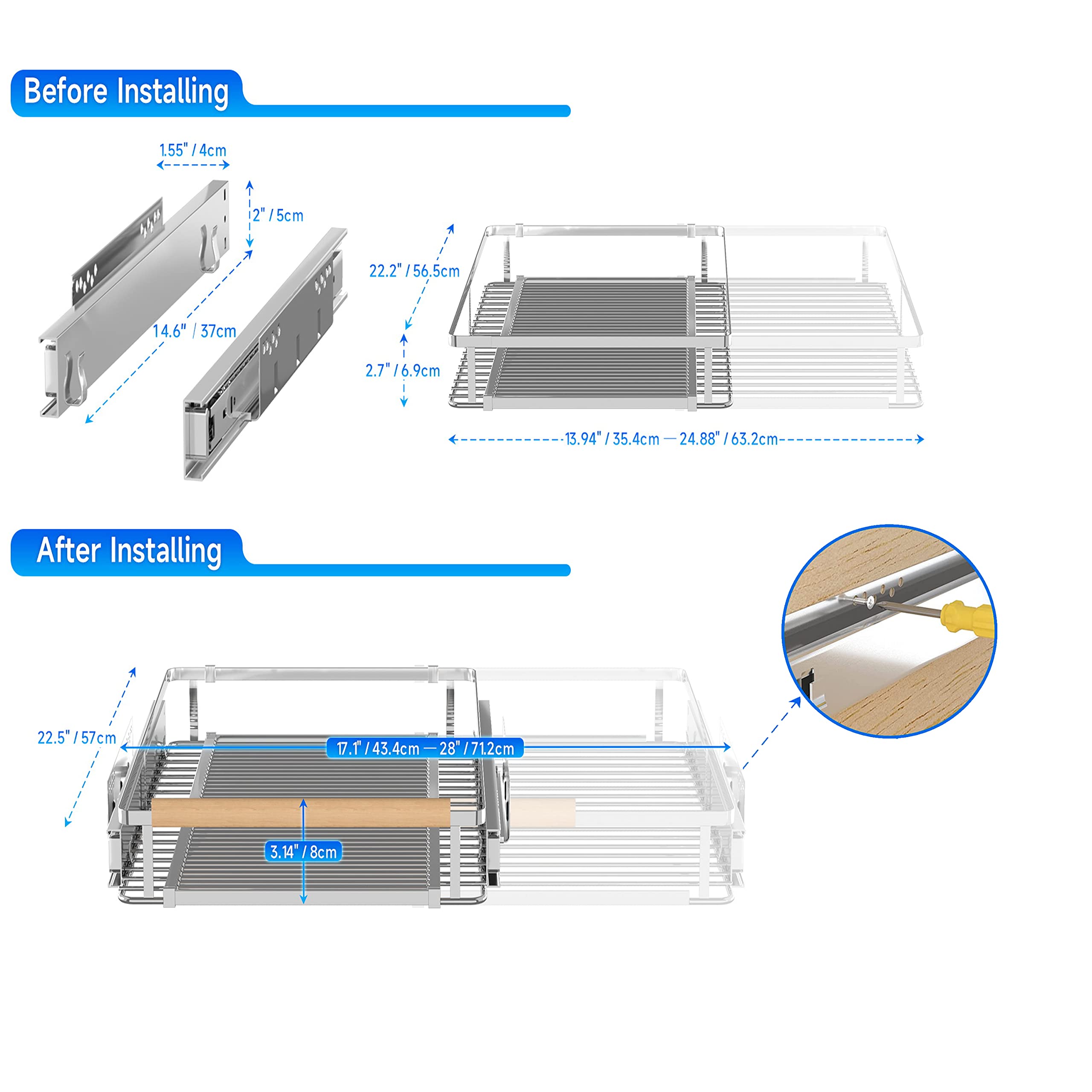 Expandable Pull Out Cabinet Organizer,17.1~28''W X 22.5''D Heavy Duty Slide Out Shelves Adjustable Hight Cabinet Pull Out Shelve
