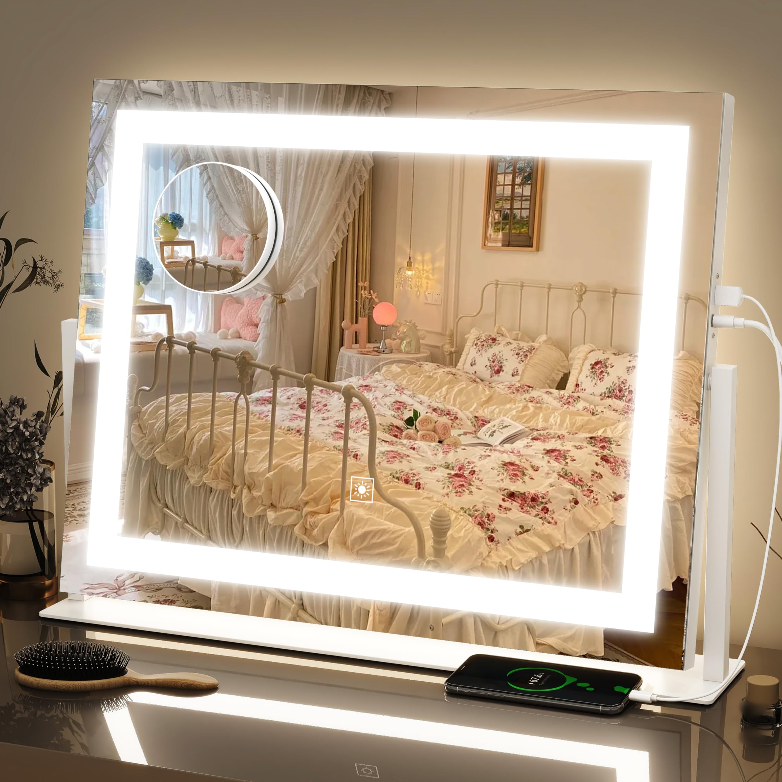 Fennio Vanity Mirror With Lights 22''X18'' Makeup Mirror With Lights,Lighted Makeup Mirror With 10X Magnification And Usb,Smart