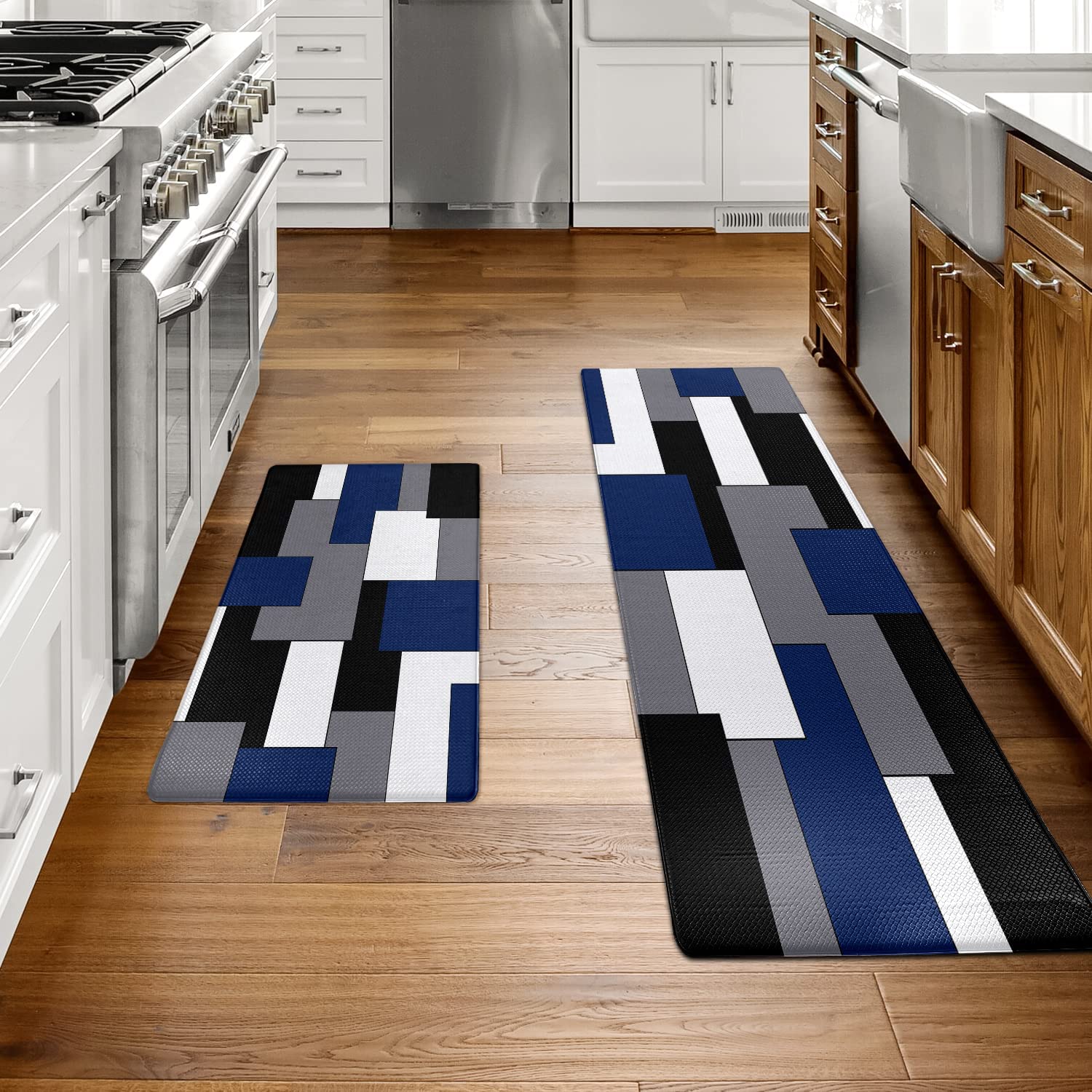 FNLNDO Blue Black Grey White Kitchen Rugs and Mats Set of 2 Modern Abstract Art Cushioned Anti Fatigue Kitchen Rugs Set Geometric Non-Skid Washable Kitchen Mats for Kitchen Sink Laundry