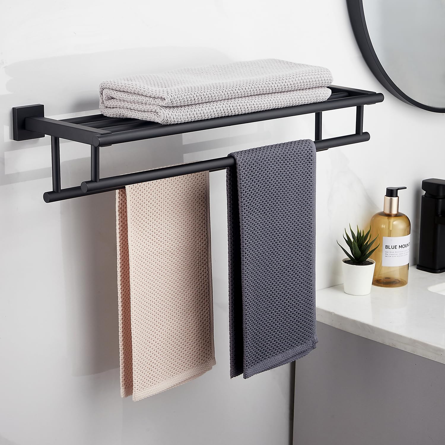 Rtcul Towel Rack For Bathroom 24 Inch Wall Mounted Towel Rack Matte Black Towel Shelf With Double Towel Bar Sus304 Stainless Ste