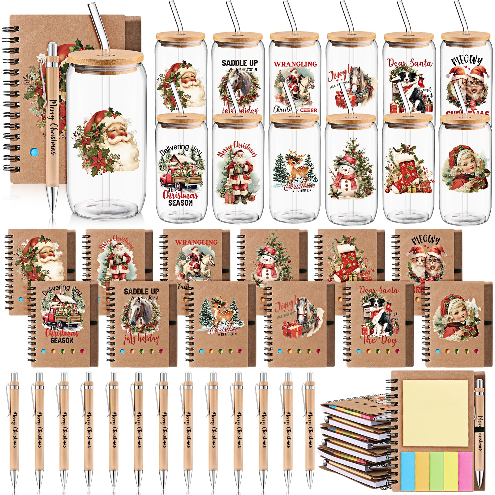 Skylety 12 Set Christmas Gifts Bulk 16 oz Santa Glass Cups with Lids Straws Xmas Notebook Sticky Note Pens for Women Students Sc