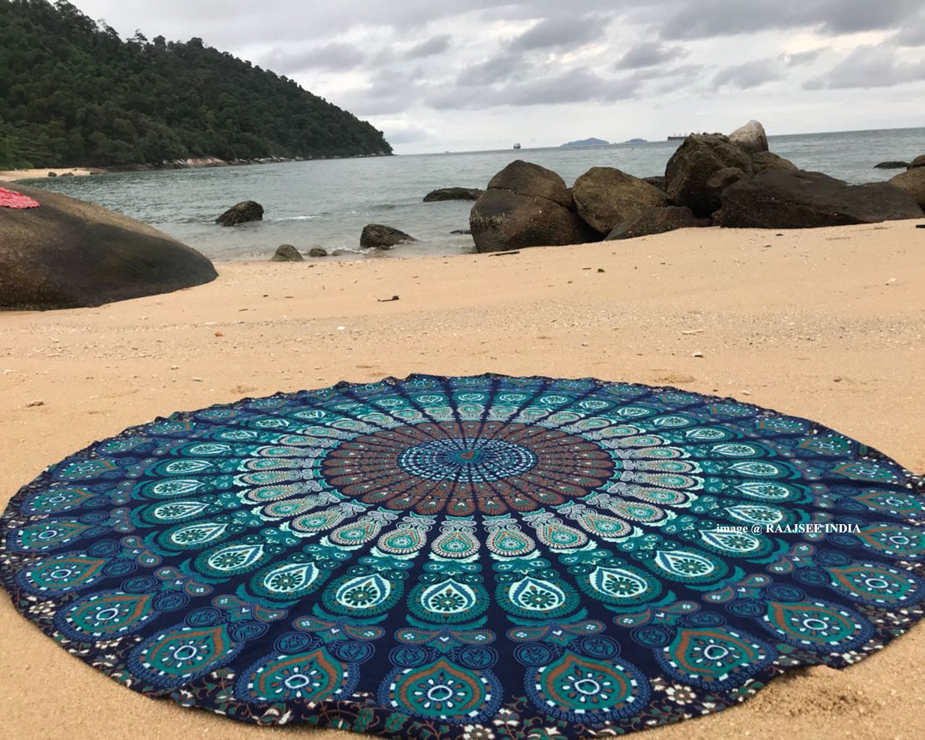 Raajsee Round Beach Tapestry Turquoise Mandala Throw/Boho Hippie Beach Blanket Roundie/Indian Cotton Bohemian Large Round Table