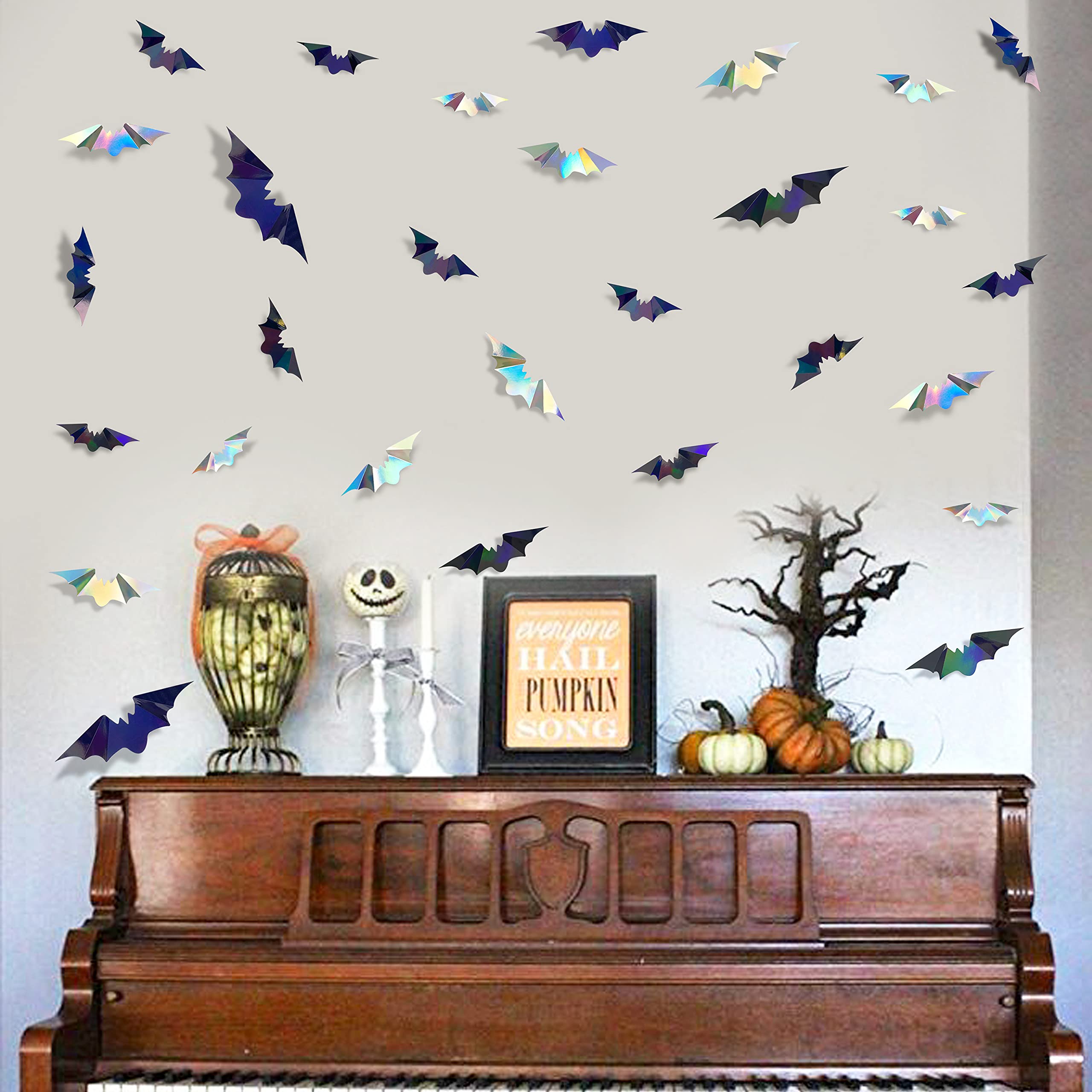 72Pcs Bats Halloween Decoration Iridescent 3D Bats Wall Decor Black Silver Holographic Paper Decorative Bat Wall Art Decals Stic