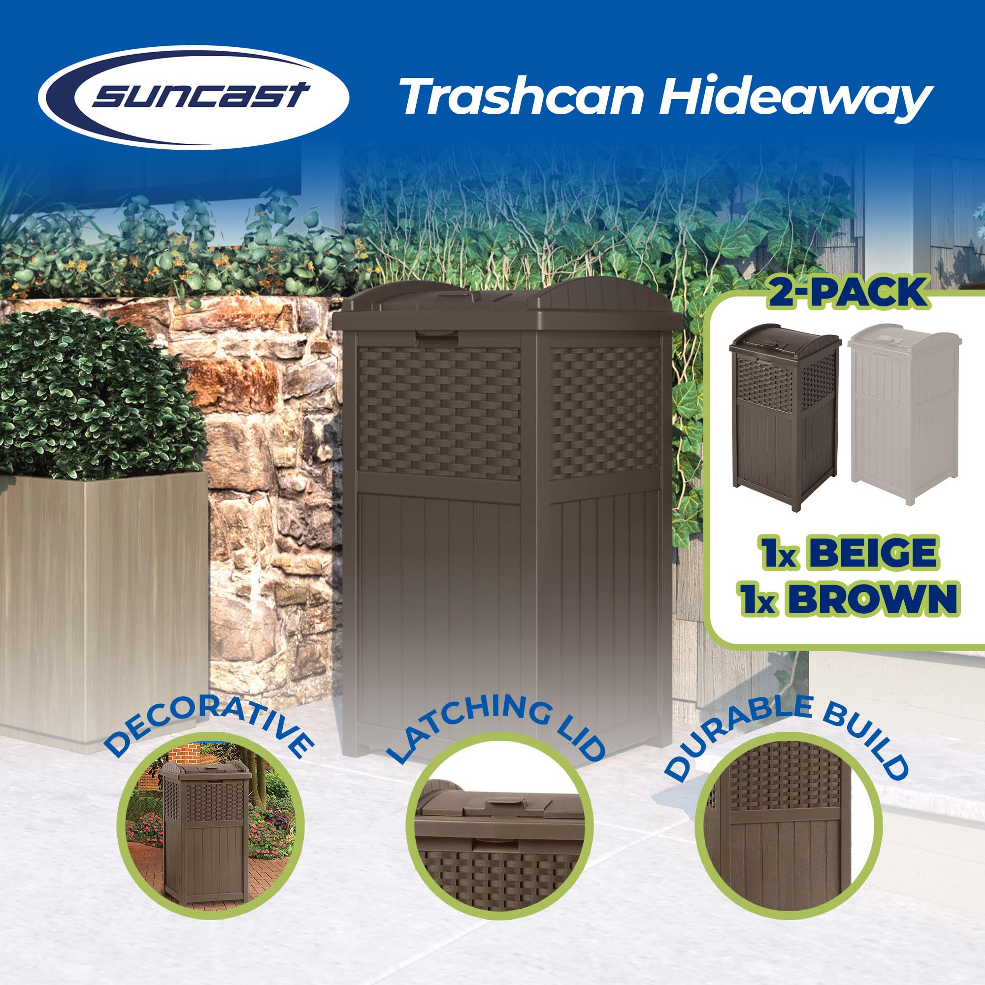 Suncast 33 Gallon Trash Hideaway Easy Assembly Durable Plastic Garbage Container With Wood Look Design, 1 Beige And Brown (2 Pac