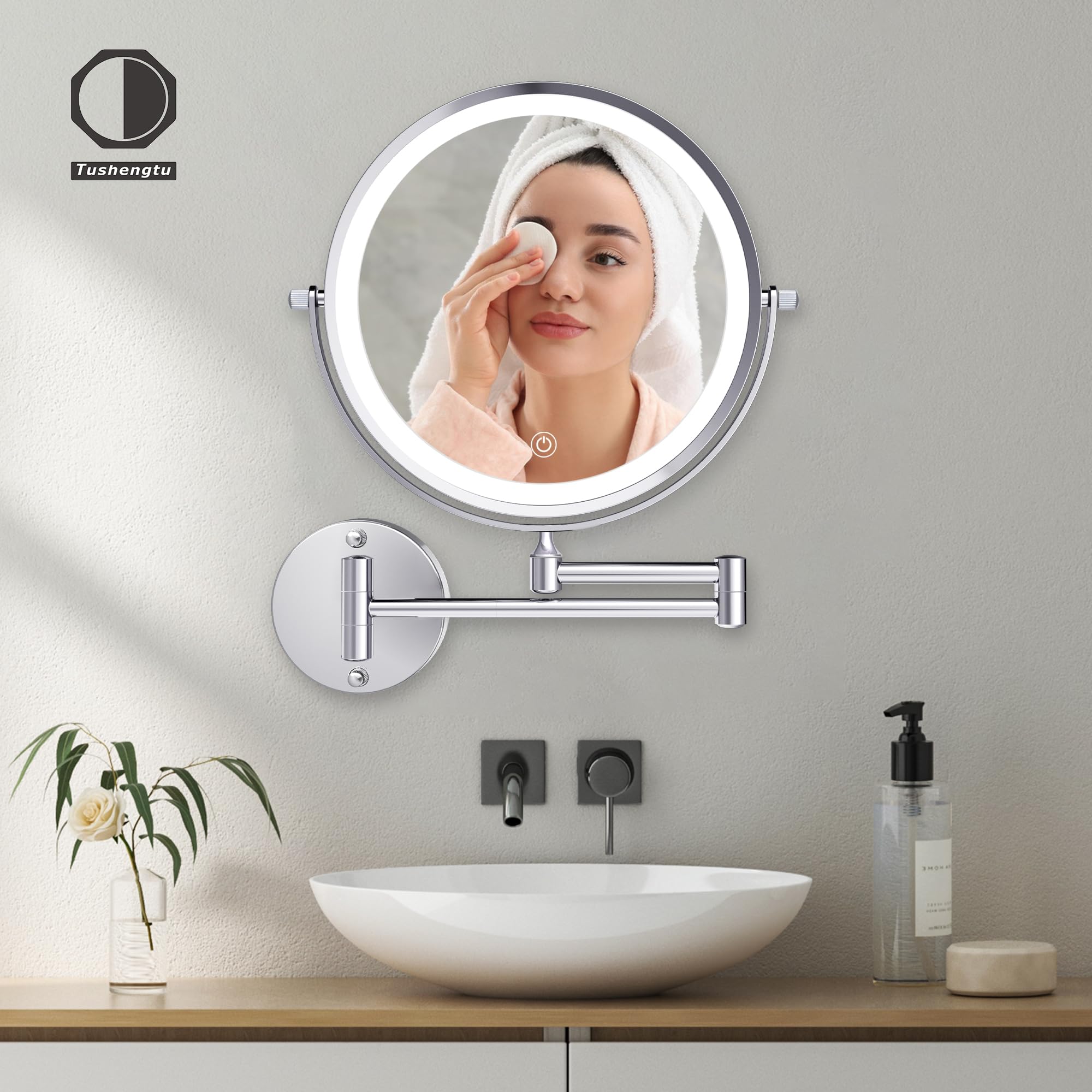 9 Inch Large Rechargeable Lighted Makeup Vanity Mirror Wall Mounted, 1X/10X Magnifying Mirror With Light For Bathroom 3000Mah Us